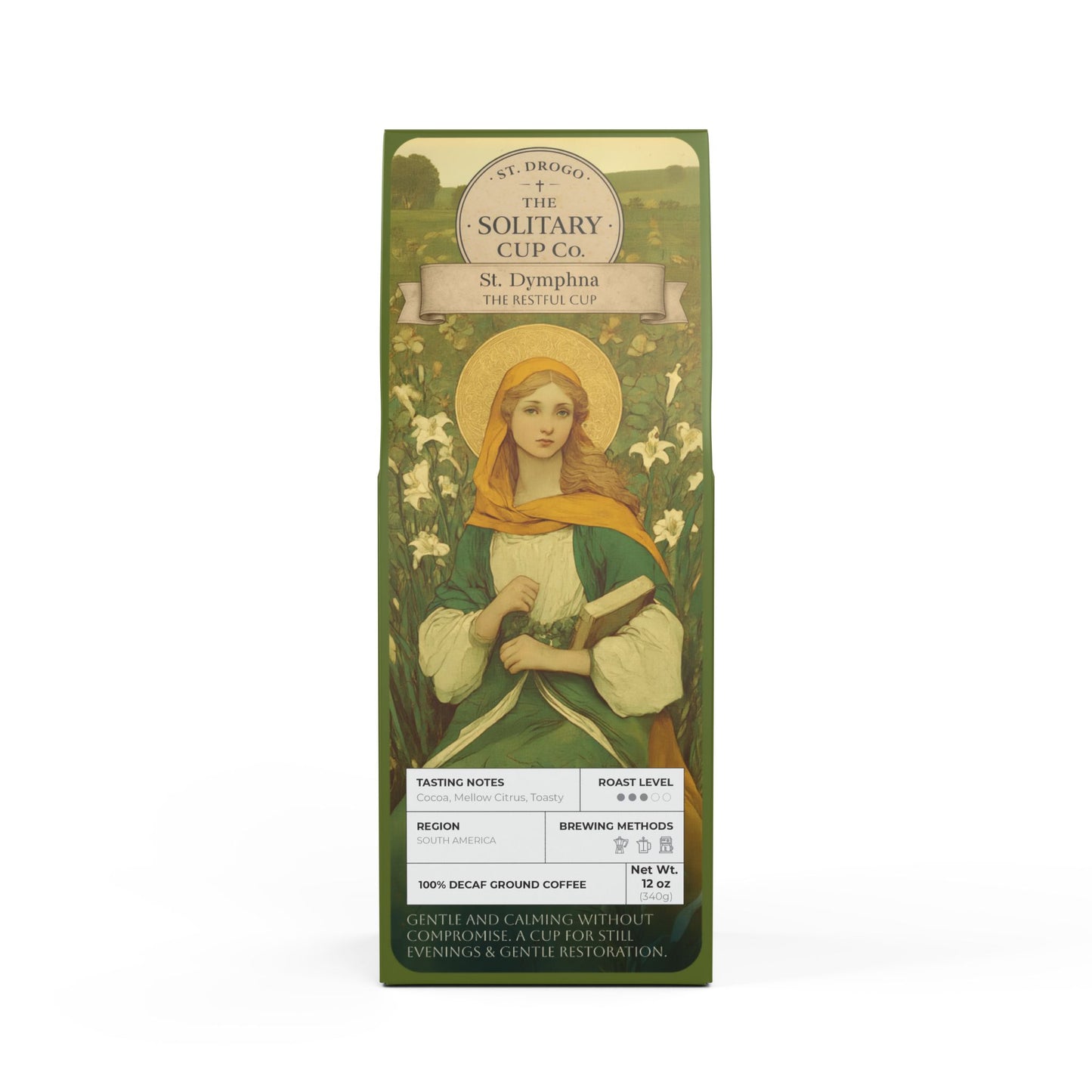 St. Dymphna - The Restful Cup (DECAF Medium Roast) - St. Drogo - The Solitary Cup Co. - Artisan Catholic Saint Inspired Coffee - 12 oz.