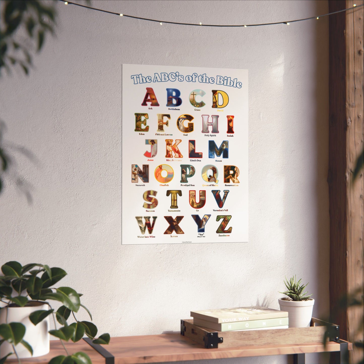 Bible ABC Poster - ABCs of the Bible Wall Art - Biblical People Places and Stories Chart - Christian Homeschool or Sunday School Decor