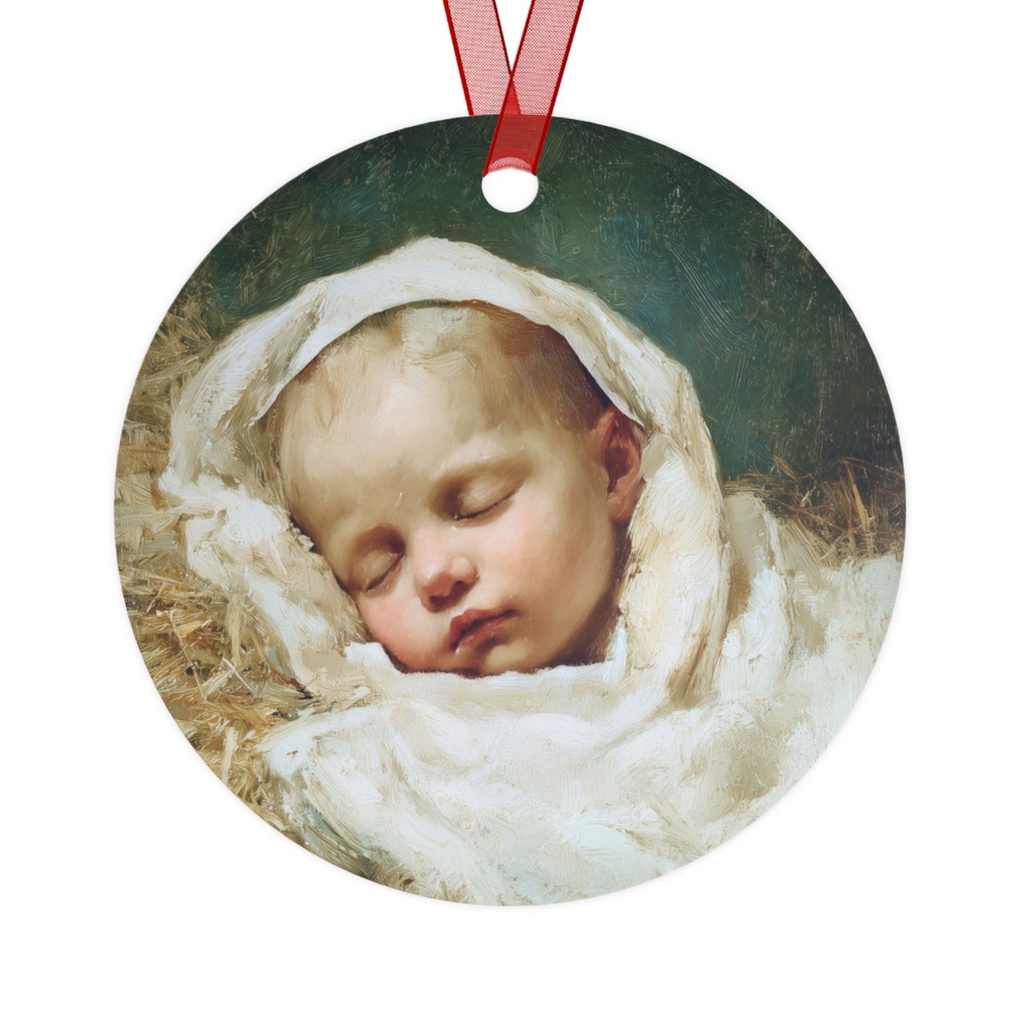 The Christ Child Resting in the Silence of the Manger - Metal Ornament - Religious Holiday Christmas Ornament and Keepsake