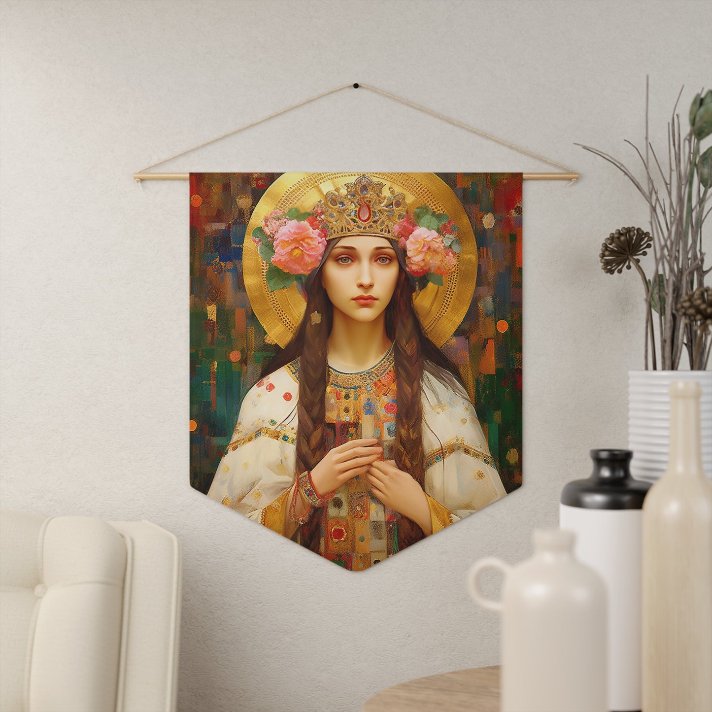 Saint Elizabeth of Hungary Wall Banner / Wall Hanging - Prayer room art - Catholic Home Art - Large Saint Art for your home - 18" x 21"