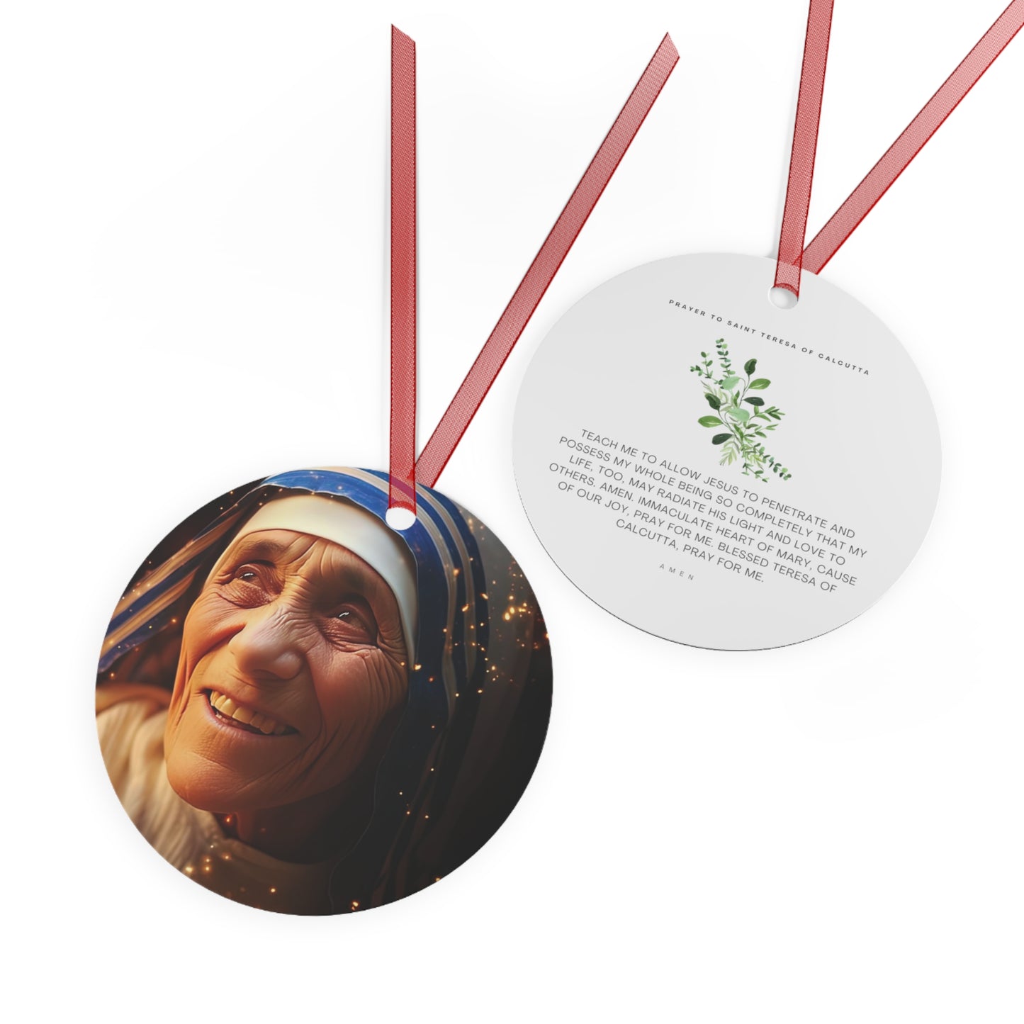 Saint Teresa of Calcutta - Mother Teresa Metal Ornament - Religious Holiday Christmas Ornament and Keepsake - Double sided
