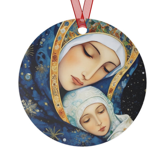 Snowfall's Embrace- Our Lady's Tender Care Metal Ornament - Religious Holiday Christmas Ornament and Keepsake - Double sided