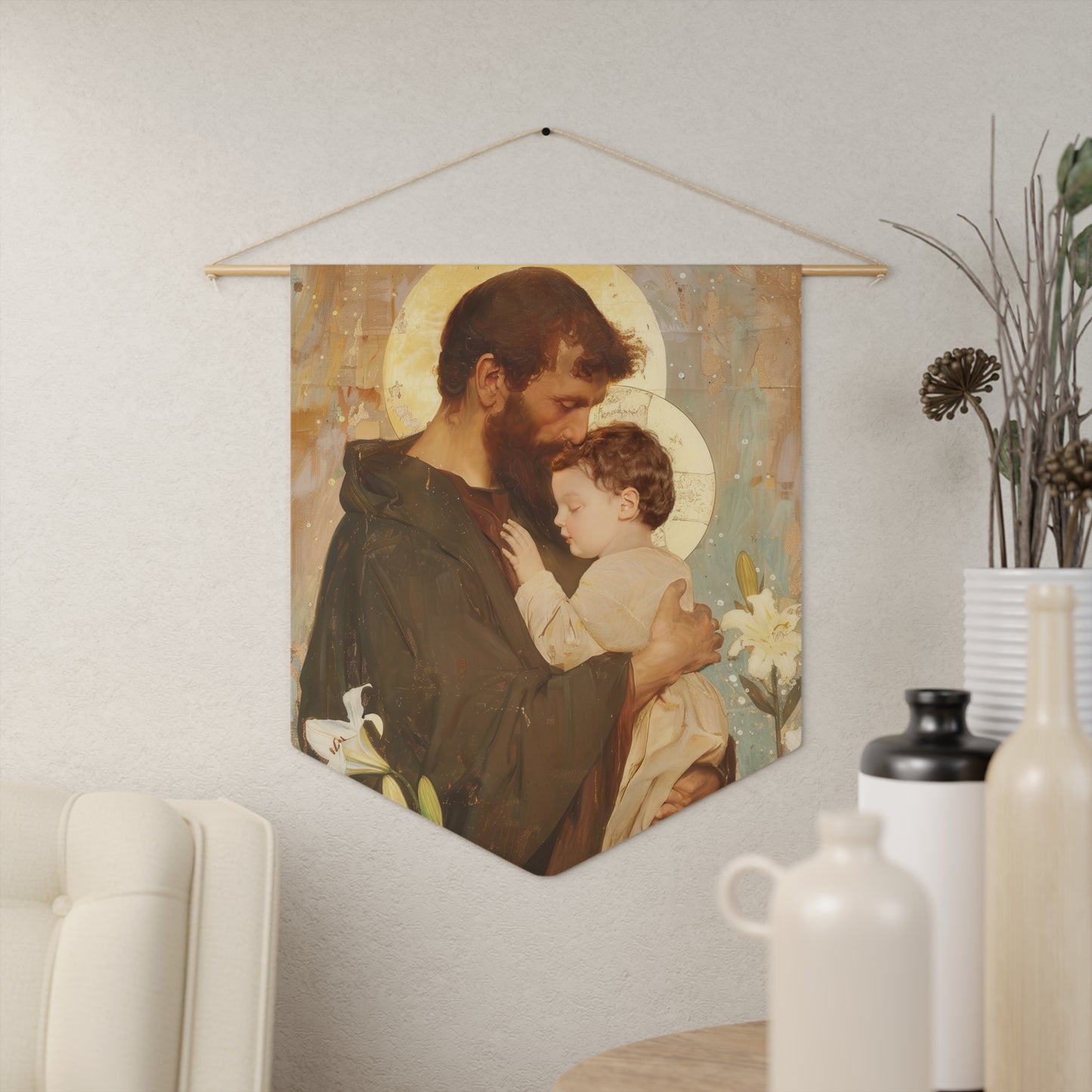 Saint Joseph and the Christ Child Pennant / Banner / Wall Hanging - Prayer room art - Catholic Home - Saint Art for your home - 18" x 21"