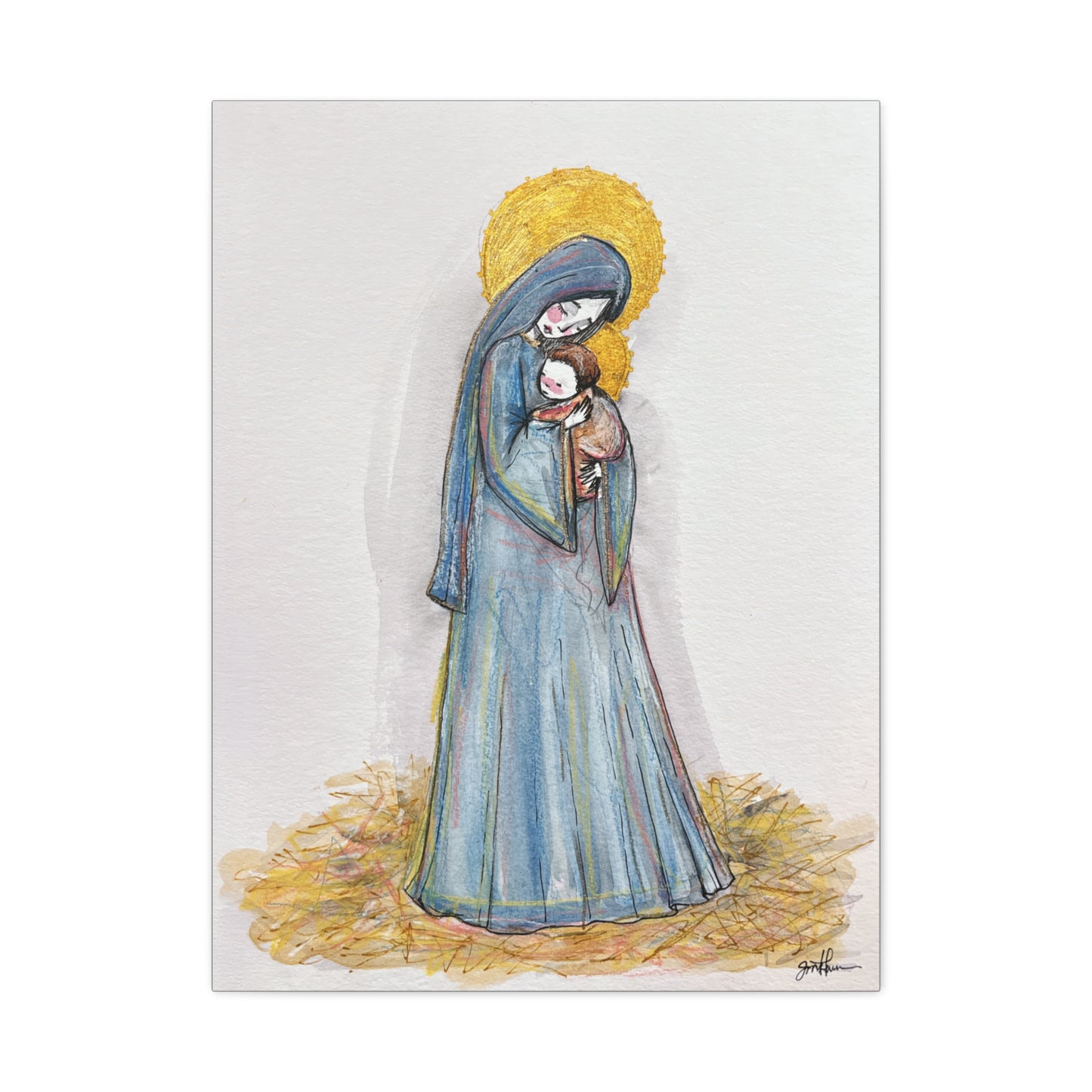 Our Lady of the Manger - Mother Mary Art - Catholic Canvas Print | Virgin Mary Sacred Art | Hand-Drawn Watercolor Christian Wall Art