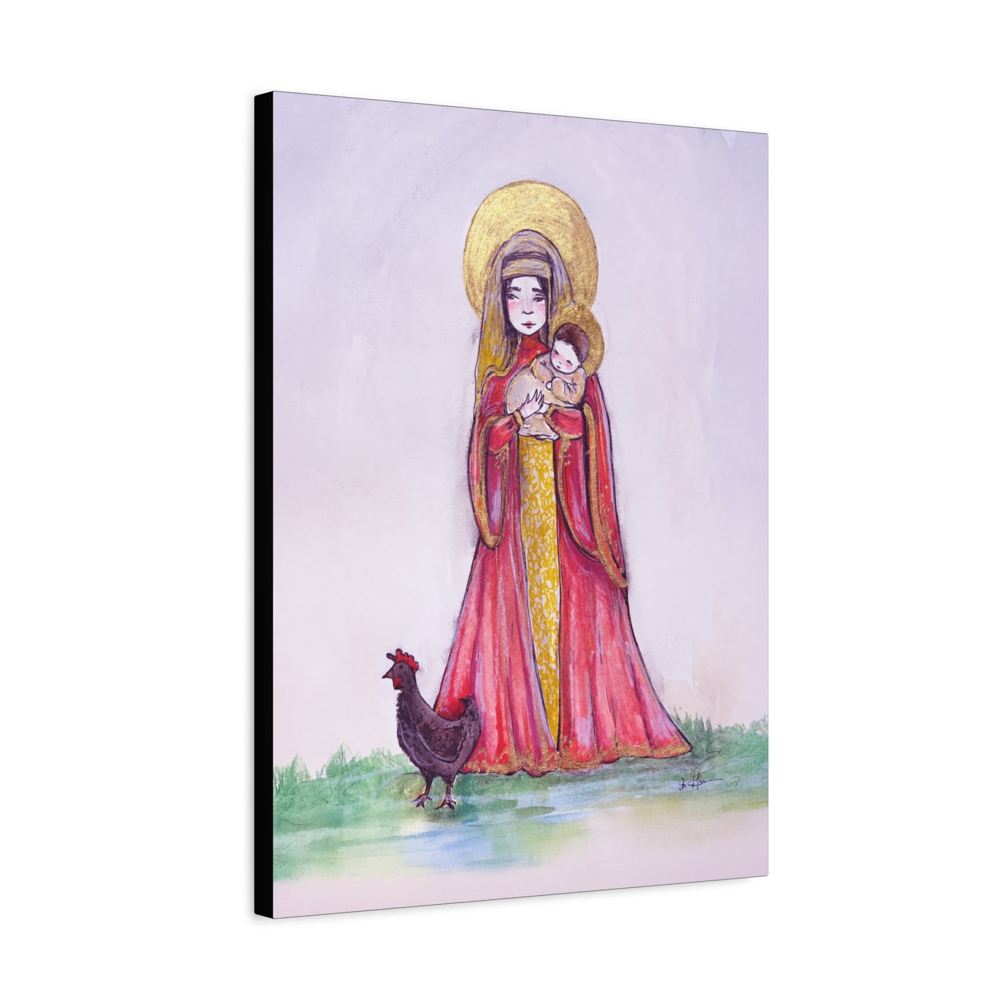 Our Lady of the Hens Catholic Canvas Print | Virgin Mary and Child Sacred Art | Hand-Drawn Watercolor Marian Wall Art