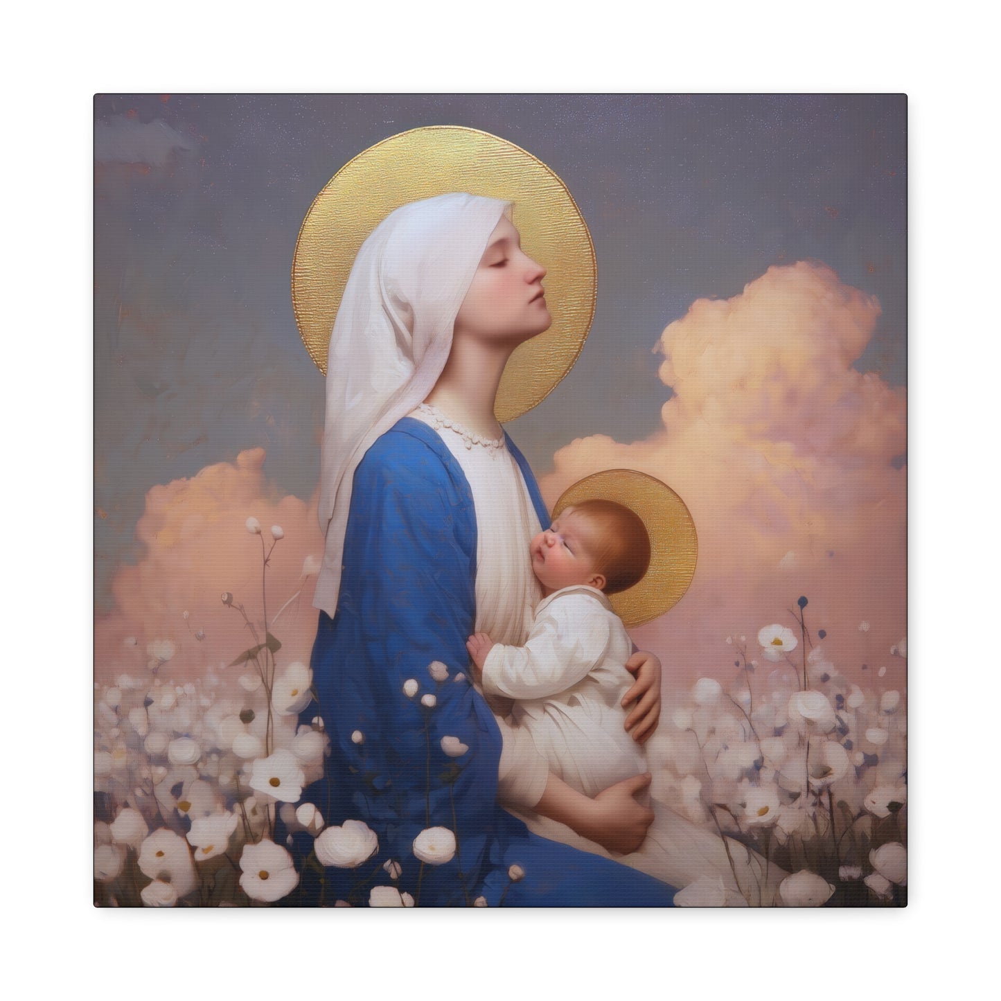 Mother Mary - Our Lady Among the Flowers -  Museum Wrapped Canvas - Sanctified Souls Print - Religious Art for your Home - Catholic Mother Mary Art