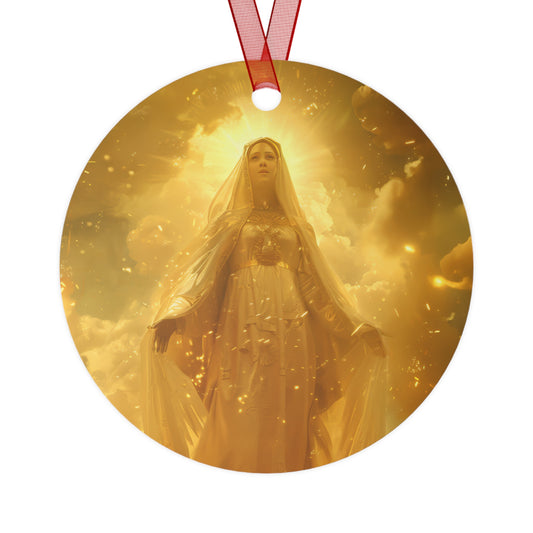 Virgin Mary - Mystical Sun - Golden Mary Metal Ornament - Religious Holiday Christmas Ornament and Keepsake - Catholic Keepsake