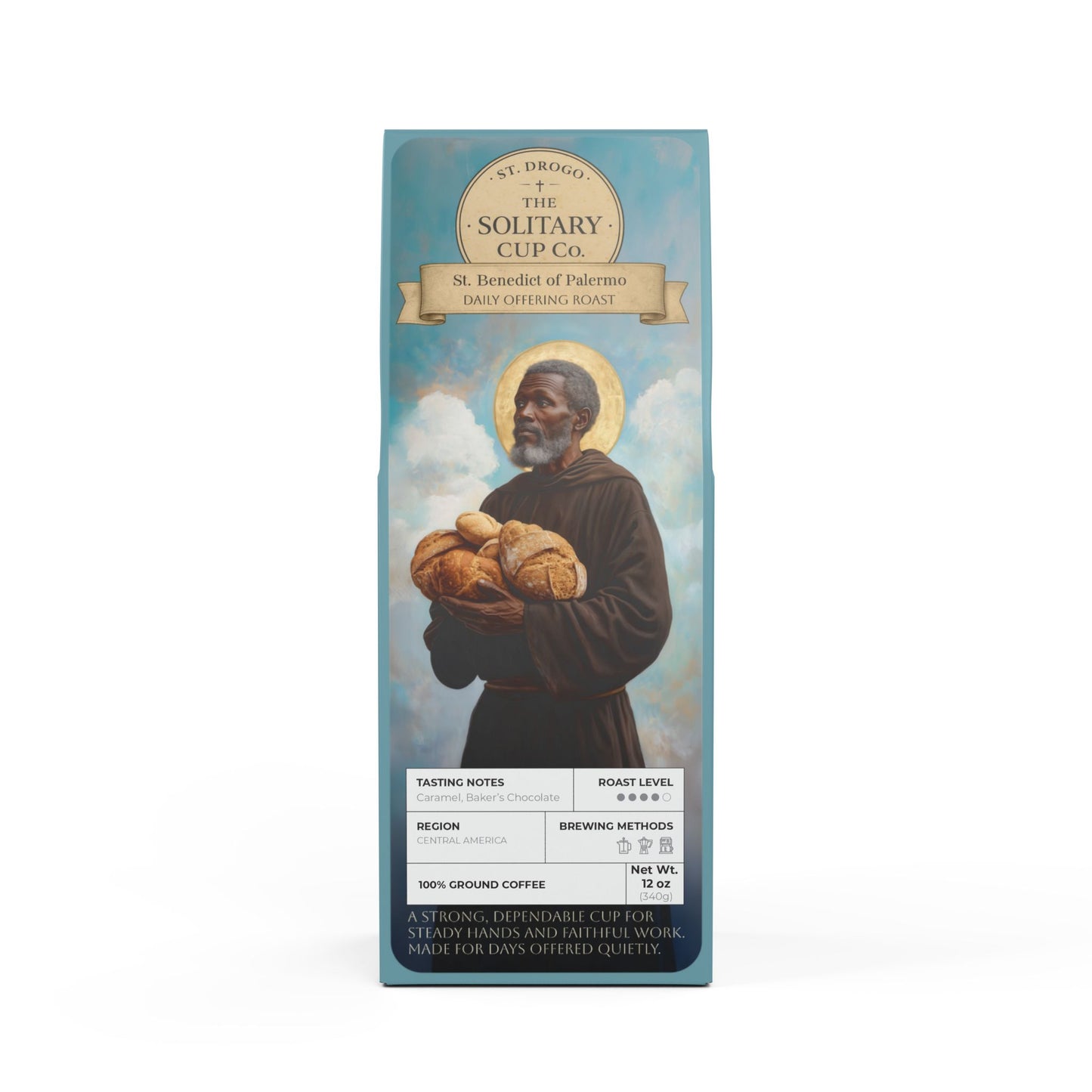 St. Benedict of Palermo - Daily Offering Roast (Medium-Dark Roast) - St. Drogo - The Solitary Cup Co. - Artisan Catholic Saint Inspired Coffee - 12 oz.