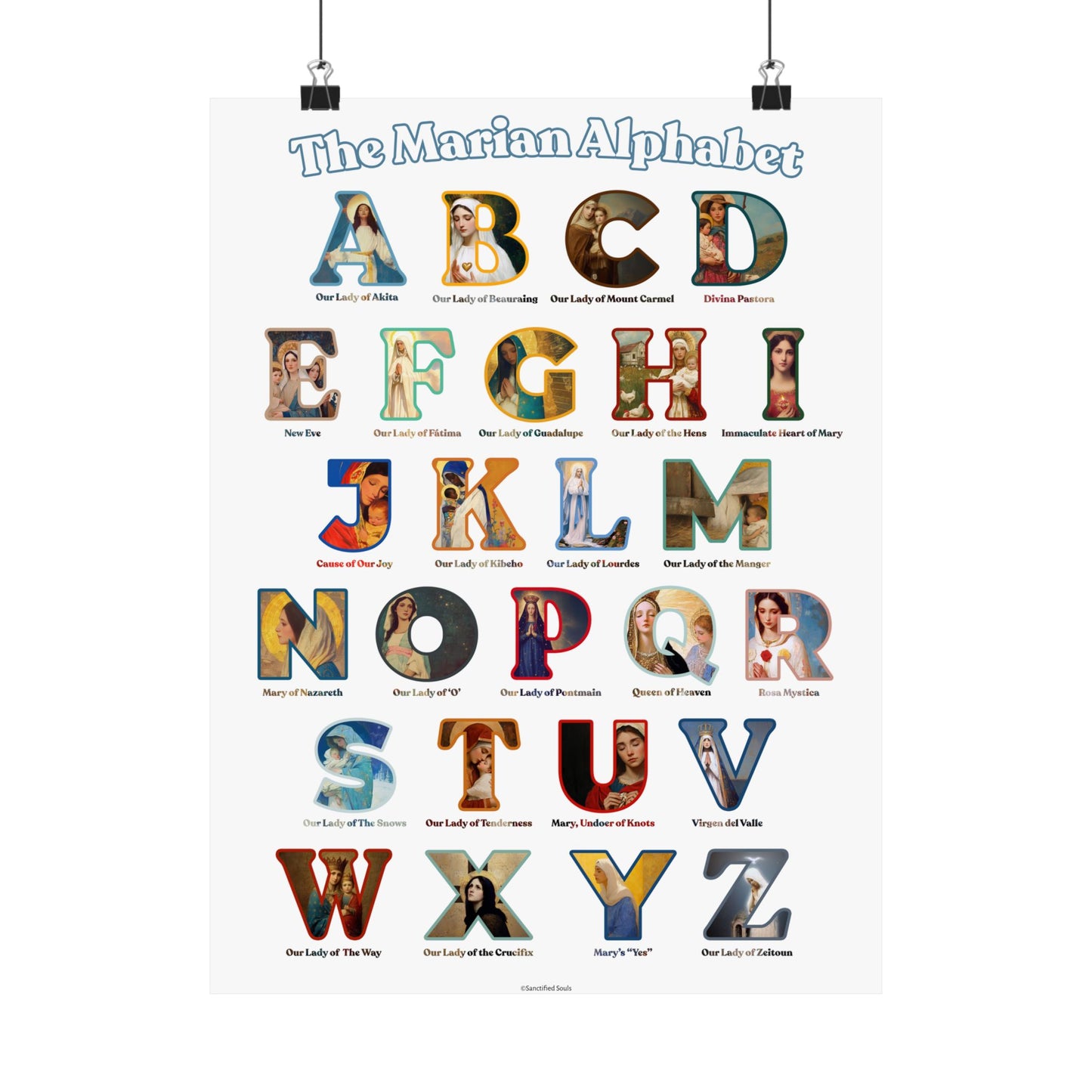 Catholic Marian Alphabet Poster - ABC Wall Art - Marian Titles Catholic Print - Catholic Nursery or Homeschool Faith Decor - Mother Mary Art