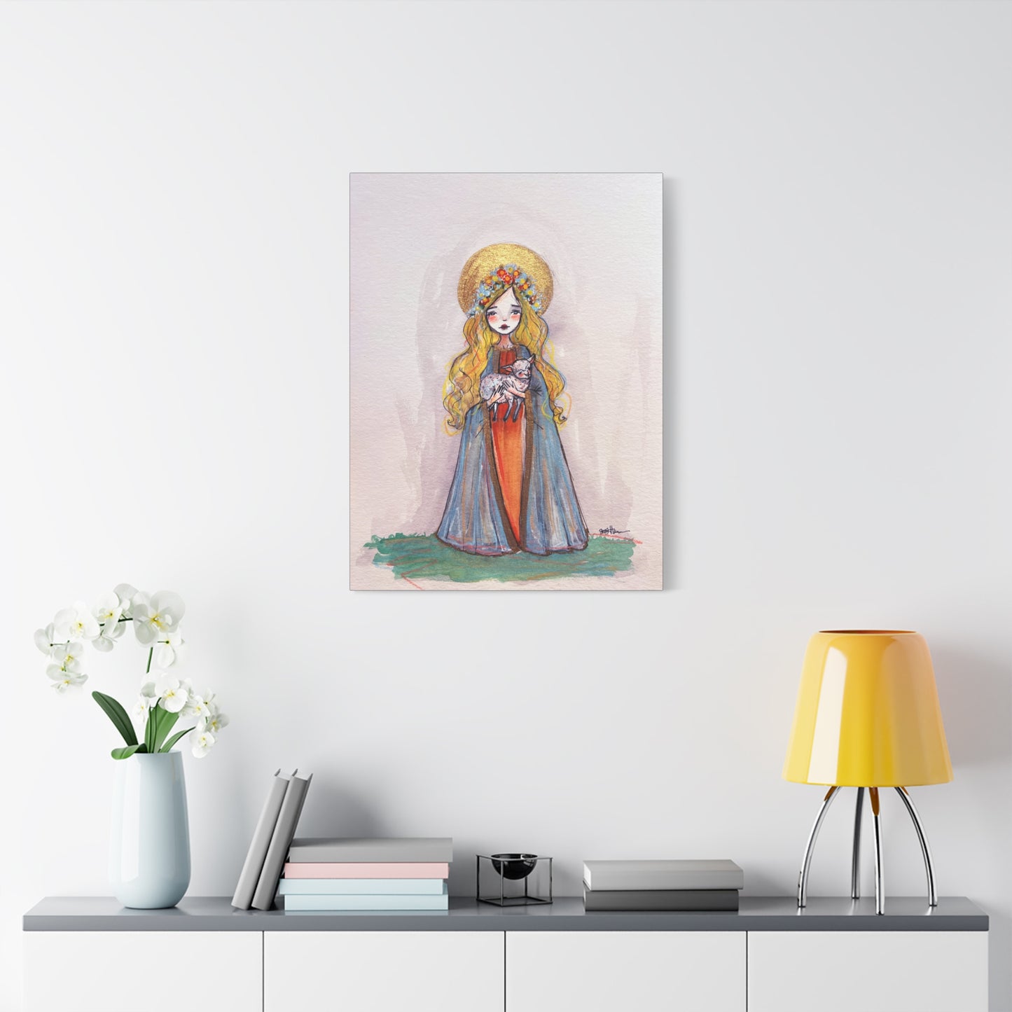 Saint Agnes of Rome Catholic Canvas Print | Christian Sacred Art | Hand-Drawn Watercolor Devotional Wall Art Religious Artwork