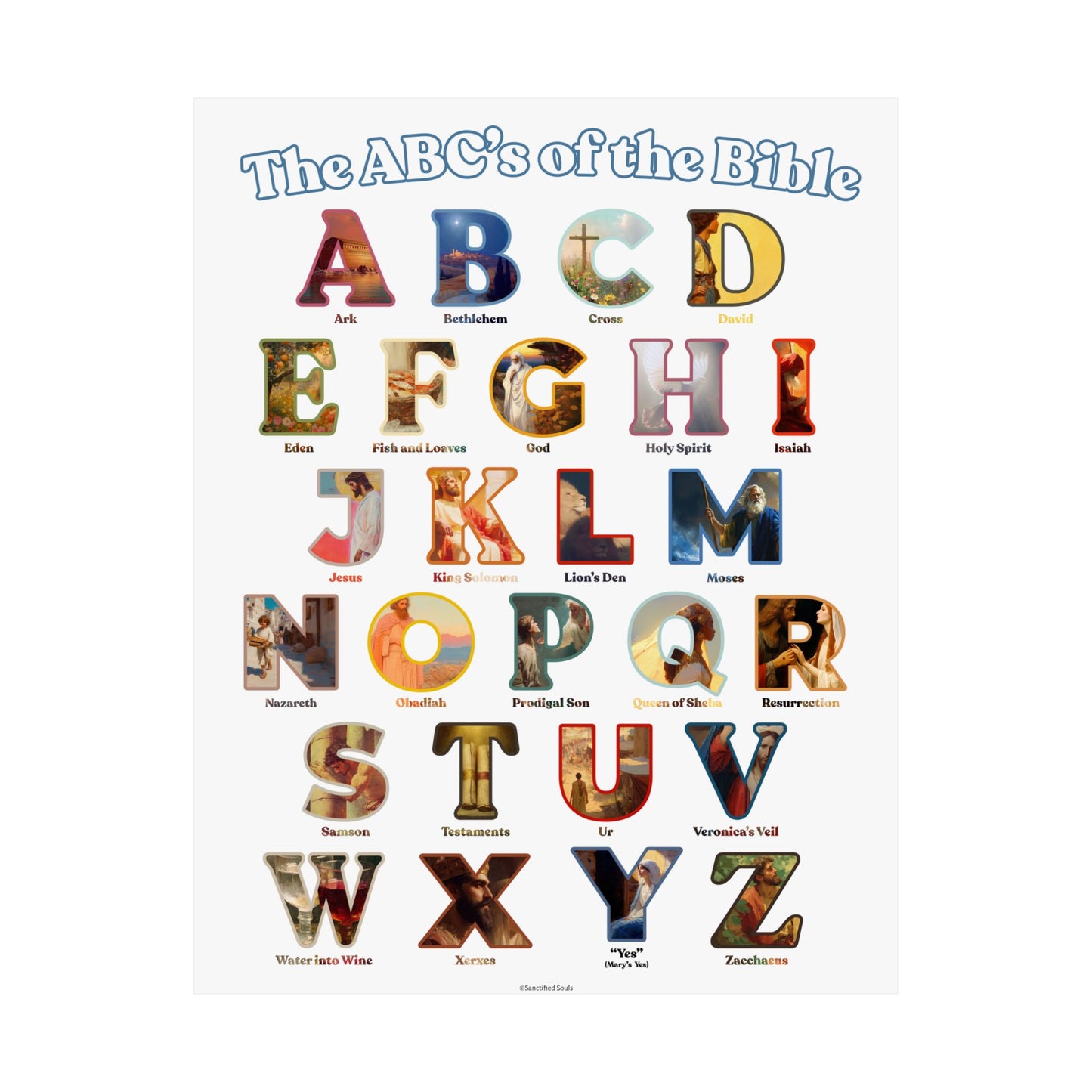 Bible ABC Poster - ABCs of the Bible Wall Art - Biblical People Places and Stories Chart - Christian Homeschool or Sunday School Decor