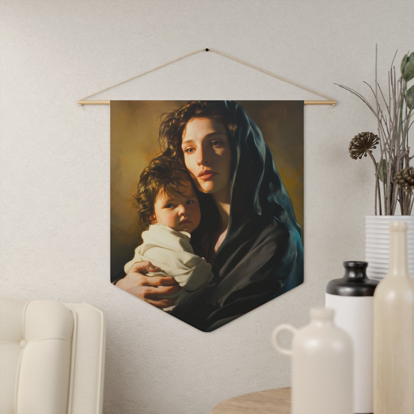 A mother's Gentle Embrace - Mary and The Christ Child Pennant / Banner / Wall Hanging - Prayer room art - 18" x 21" - Catholic Religious