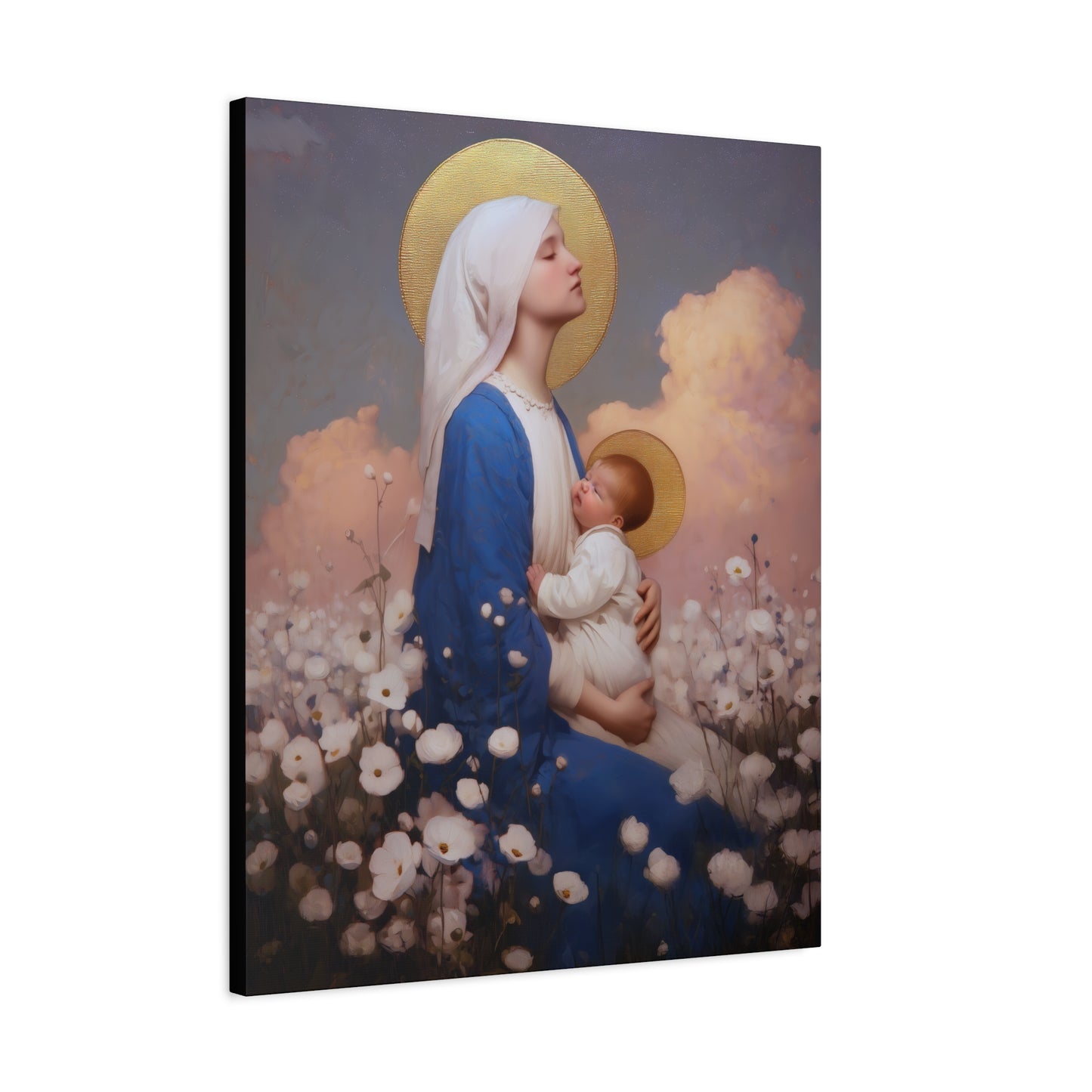 Mother Mary - Our Lady Among the Flowers -  Museum Wrapped Canvas - Sanctified Souls Print - Religious Art for your Home - Catholic Mother Mary Art