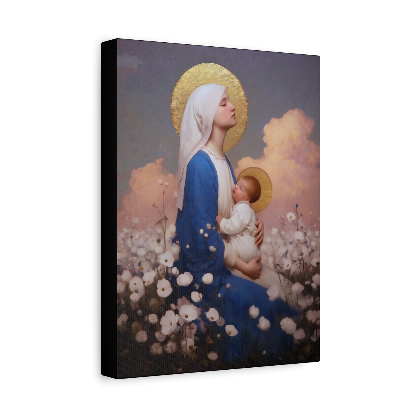 Mother Mary - Our Lady Among the Flowers -  Museum Wrapped Canvas - Sanctified Souls Print - Religious Art for your Home - Catholic Mother Mary Art