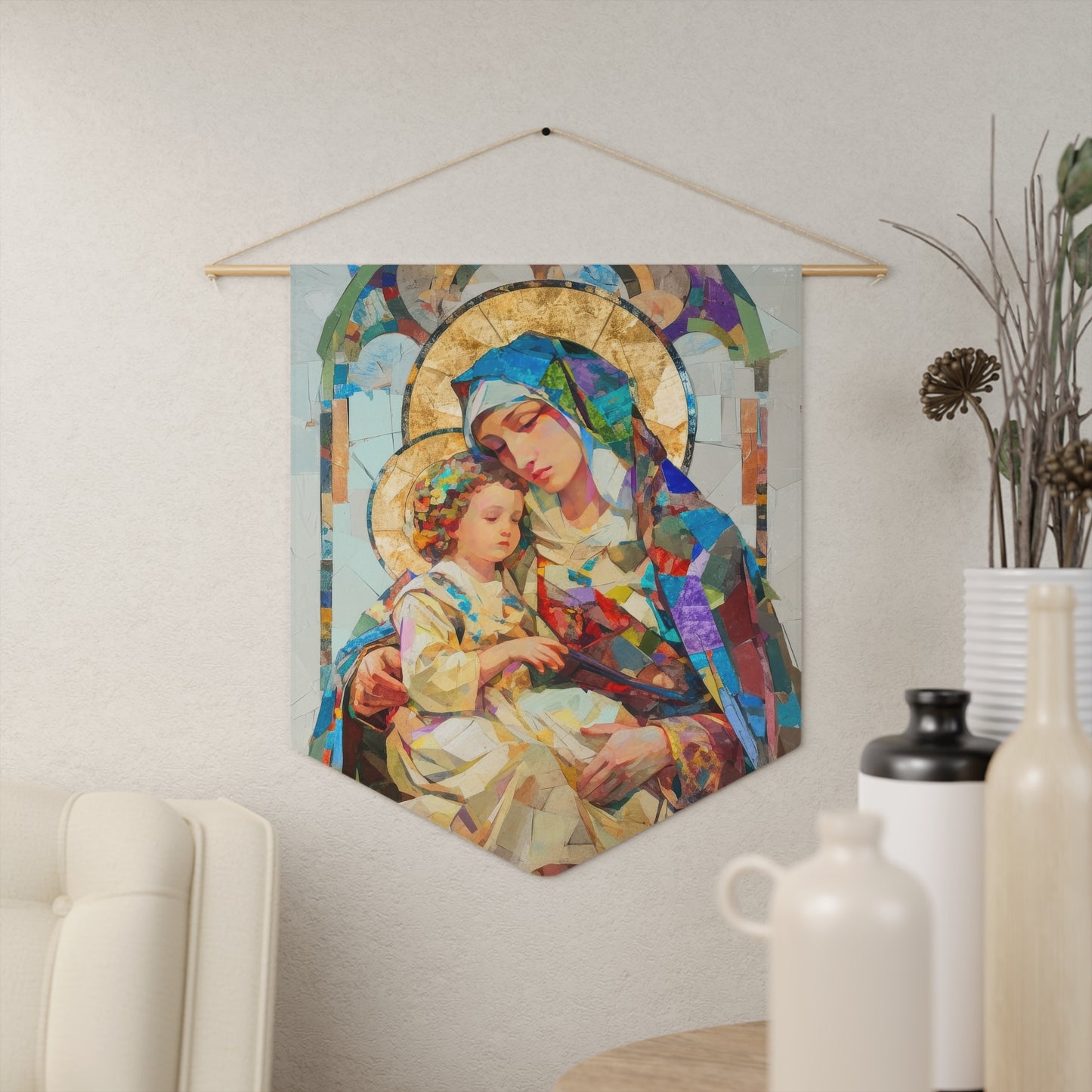 Virgin Mary - Light of All Saints Pennant / Banner / Wall Hanging - Prayer room art - 18" x 21" - Catholic Gift