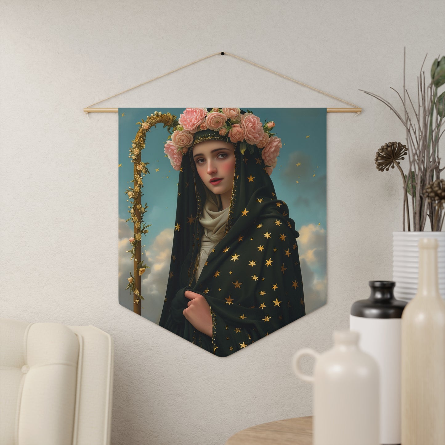 Saint Aldegunde Pennant / Banner / Wall Hanging - Prayer room art - Catholic Home Art - Large Saint Art for your home - 18" x 21"
