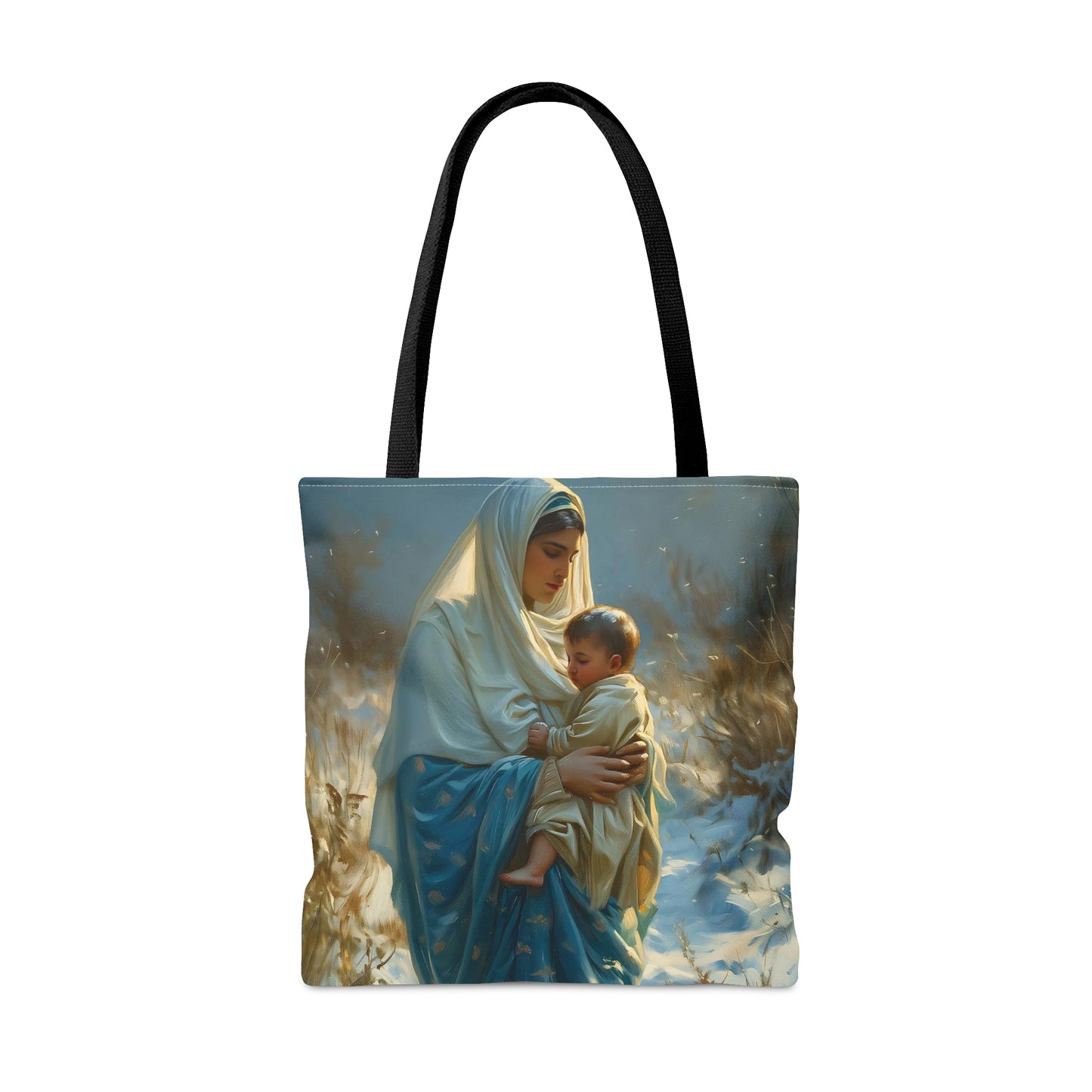 Snowfall of Grace - Our Lady's Winter Radiance - Our Lady of the Snows Tote Bag - Large Medium Small Faith Art Bag