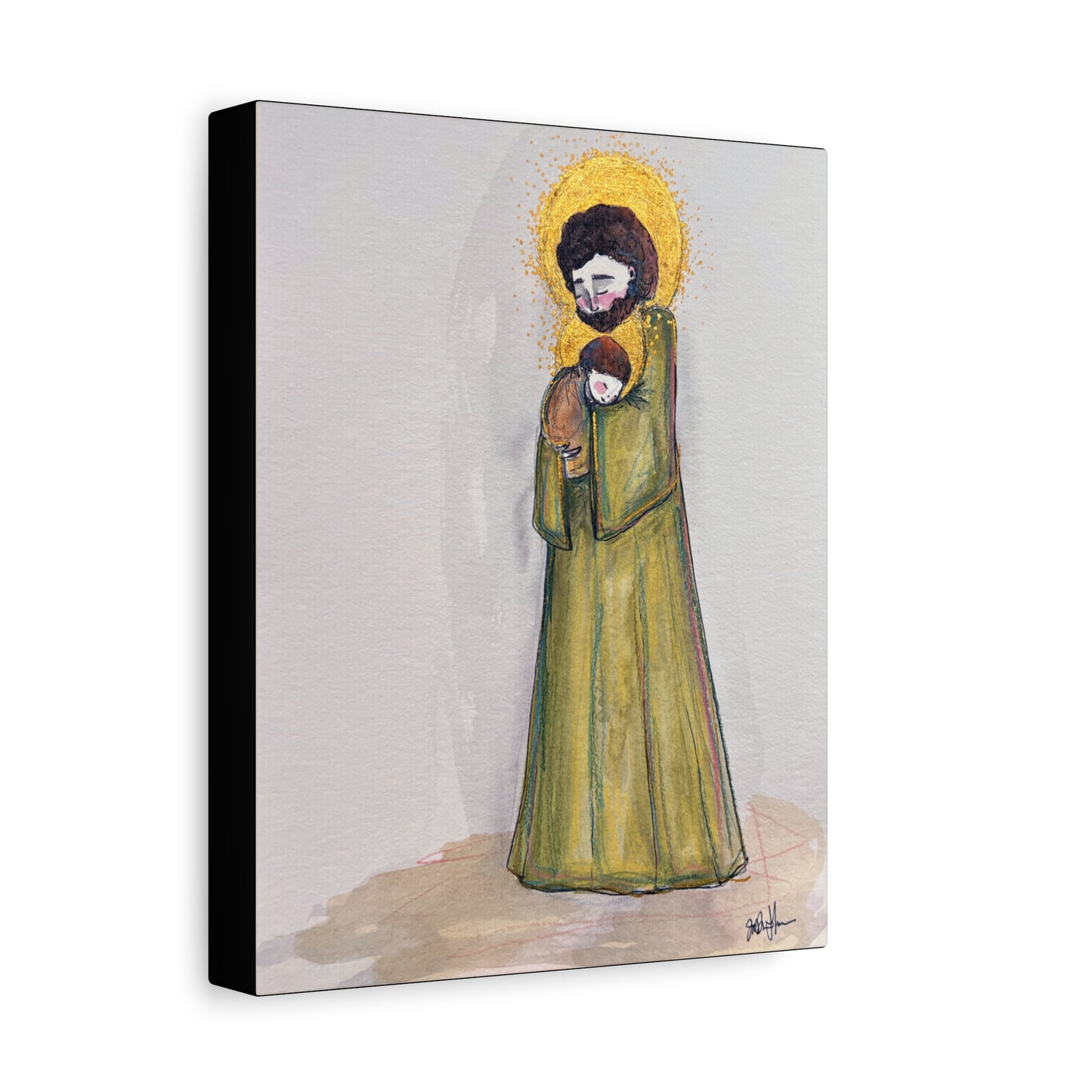 Saint Joseph and Child Jesus Catholic Canvas Print | Hand-Drawn Watercolor Sacred Art | Christian Devotional Wall Art