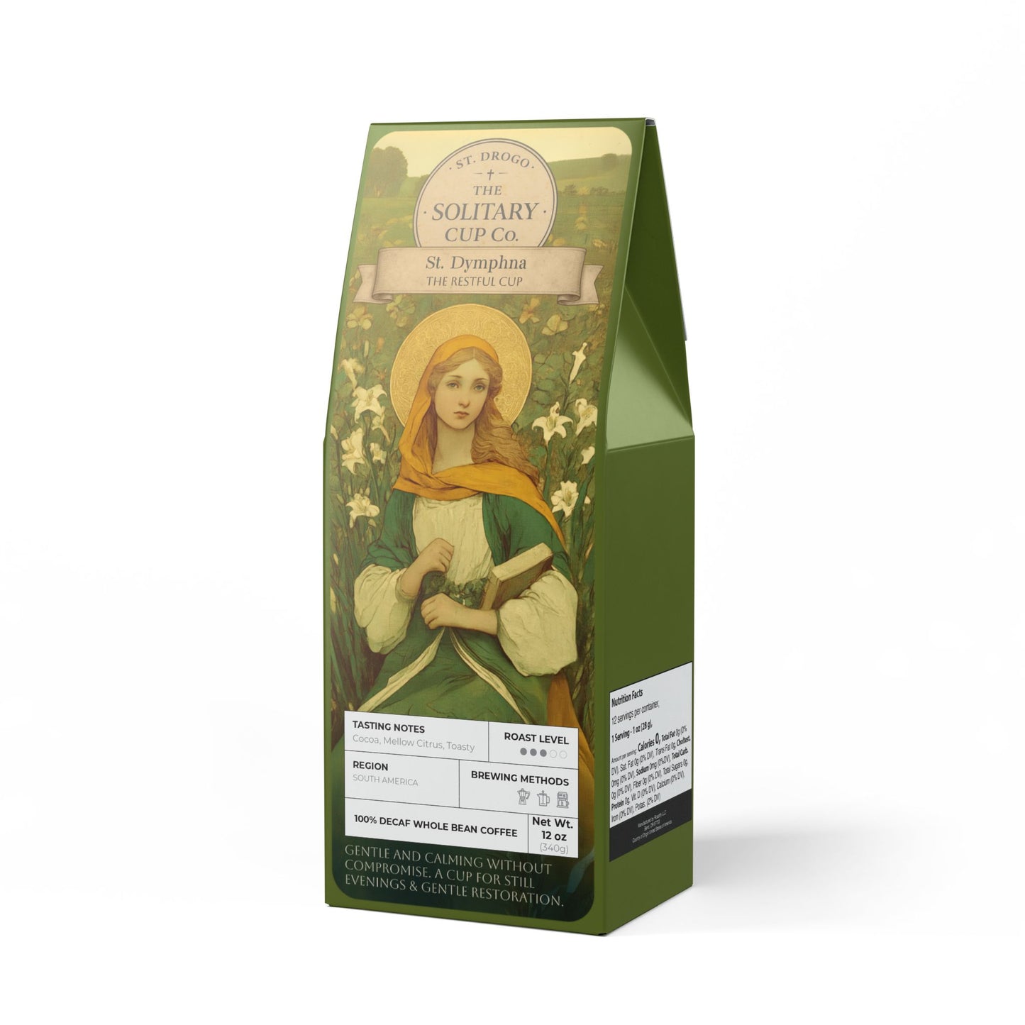 St. Dymphna - The Restful Cup (DECAF Medium Roast) - St. Drogo - The Solitary Cup Co. - Artisan Catholic Saint Inspired Coffee - 12 oz.
