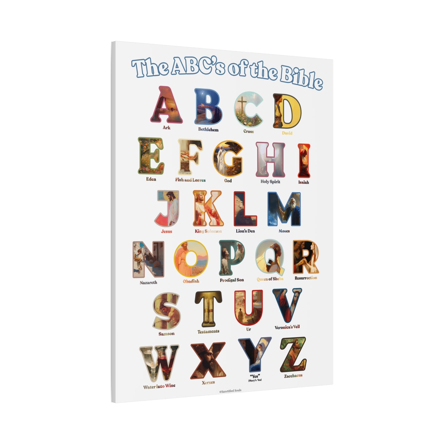 Catholic Bible ABC Prints - Alphabet Canvas - ABCs of the Bible Wall Art - Biblical People Places and Stories -  Homeschool / Sunday School