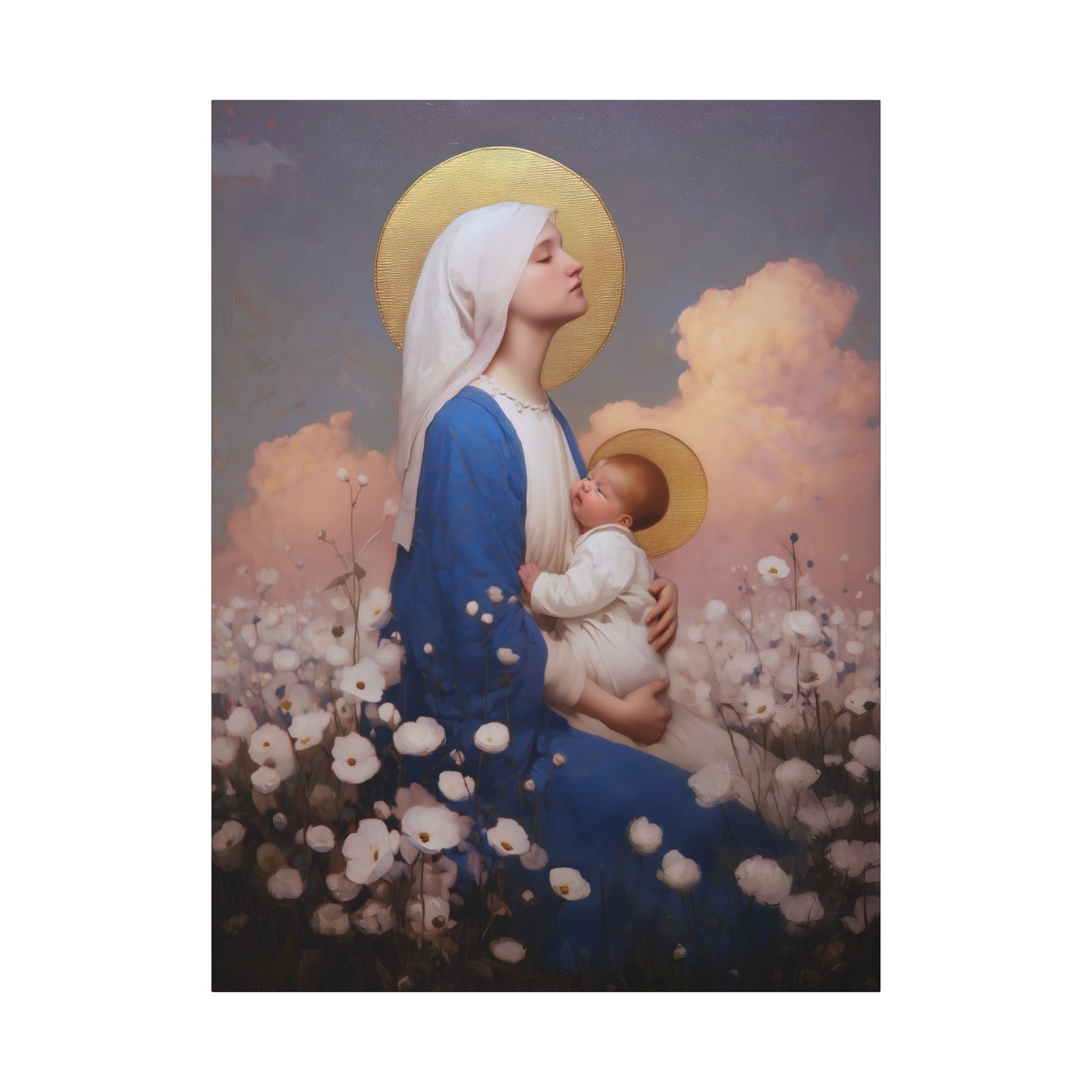 Mother Mary - Our Lady Among the Flowers -  Museum Wrapped Canvas - Sanctified Souls Print - Religious Art for your Home - Catholic Mother Mary Art