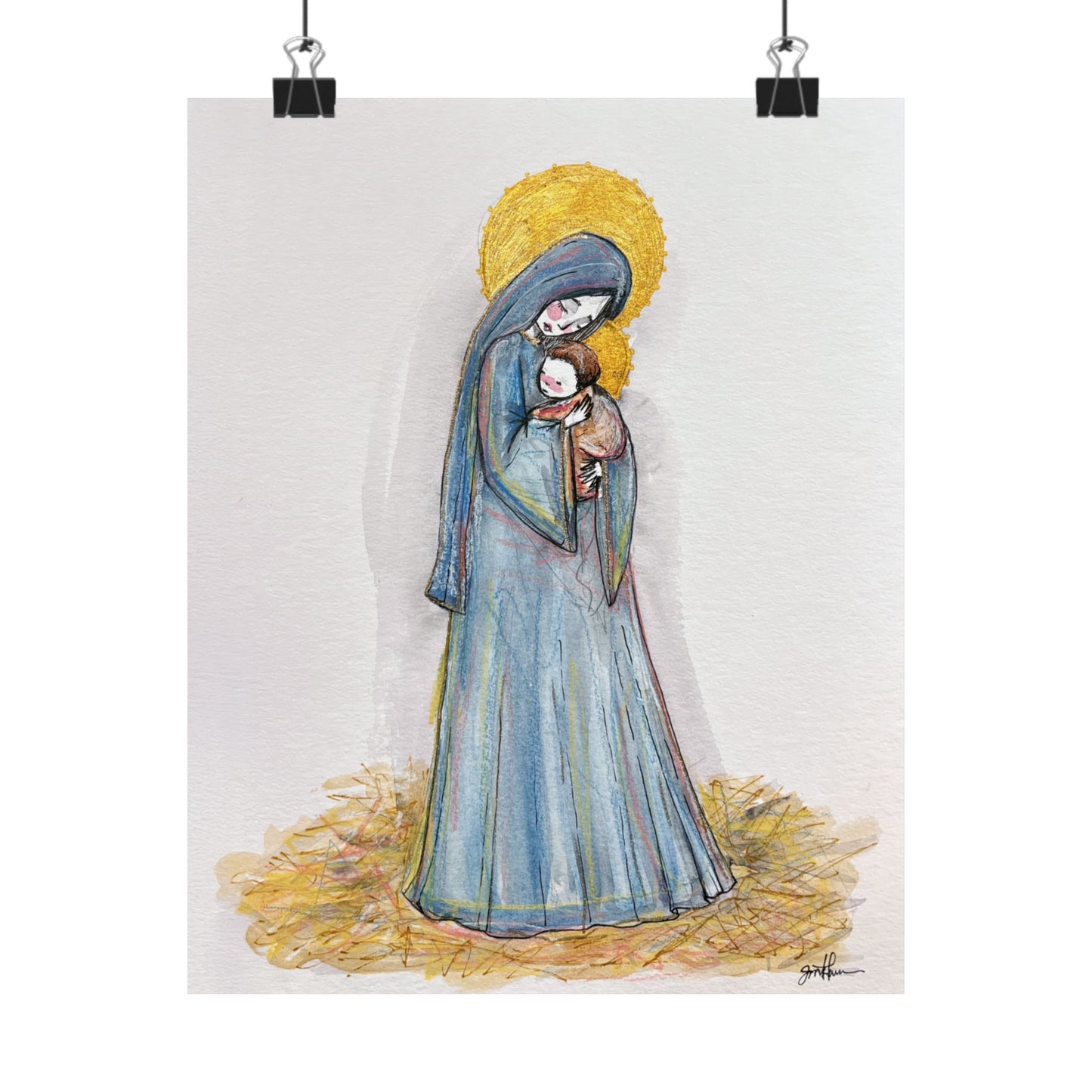 Our Lady of the Manger Catholic Art Print | Hand-Drawn Watercolor Virgin Mary Artwork | Christian Devotional Wall Art