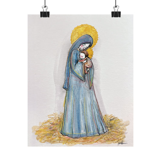 Our Lady of the Manger Catholic Art Print | Hand-Drawn Watercolor Virgin Mary Artwork | Christian Devotional Wall Art