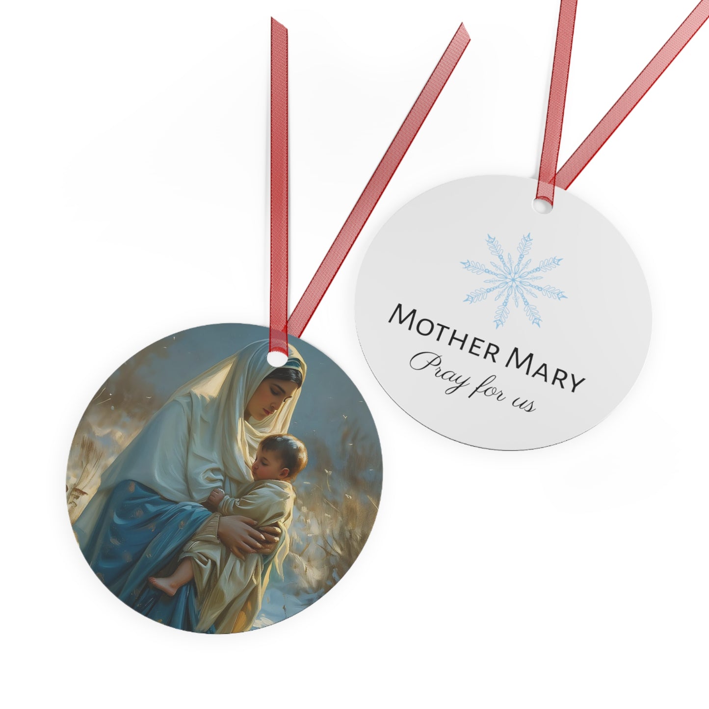 Snowfall of Grace - Our Lady's Winter Radiance - Our Lady of the Snows Metal Ornament - Religious Holiday Christmas Ornament - Double sided