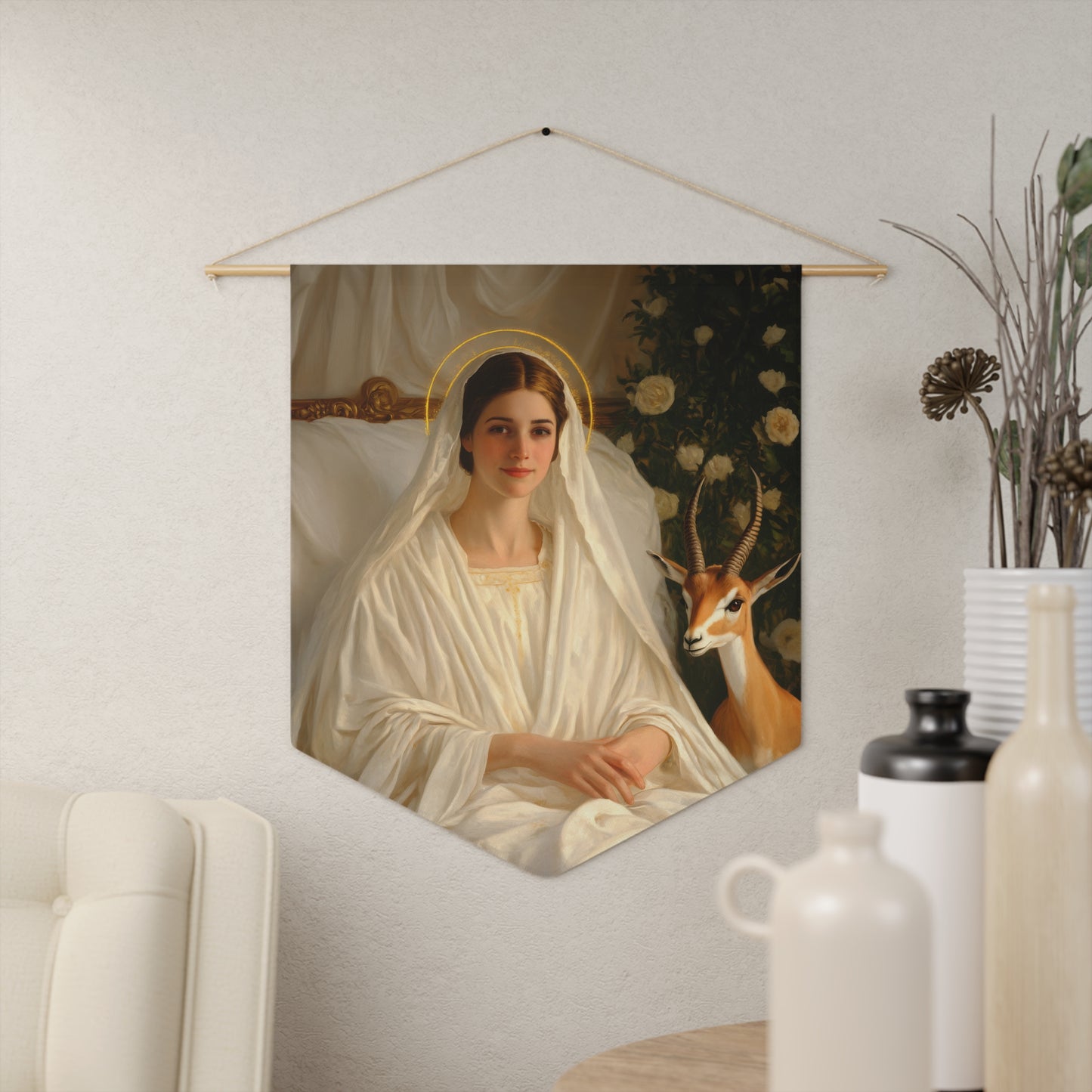 Saint Tabitha Pennant / Banner / Wall Hanging - Prayer room art - 18" x 21" - Catholic prayer Religious - Large Print