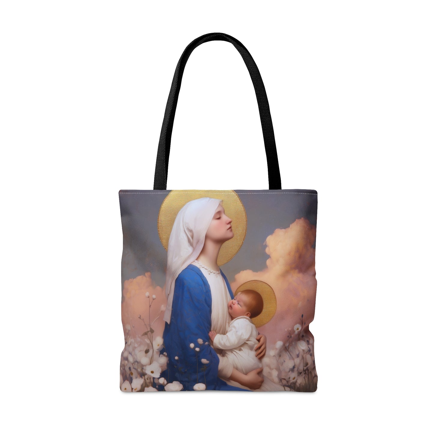 Our Lady Among the Flowers - Tote Bag - Large Medium Small Faith Art Bag - Bible Study Faith Purse - Double Sided Prayer Tote