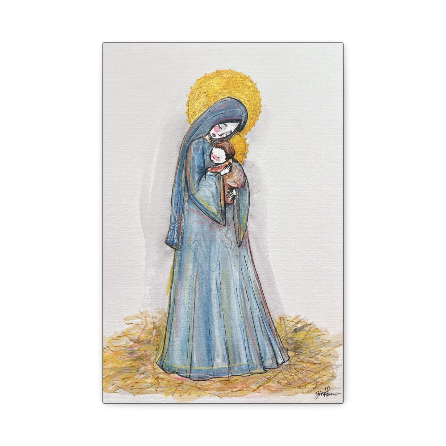 Our Lady of the Manger - Mother Mary Art - Catholic Canvas Print | Virgin Mary Sacred Art | Hand-Drawn Watercolor Christian Wall Art