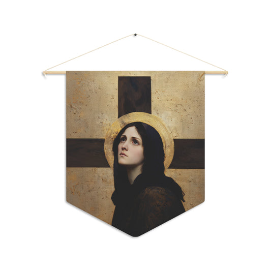 Our Lady of the Cross - Mother Mary  - Our Lady of the Crucifix - Marian Art - Pennant / Banner / Hanging - Catholic - Large - 18" x 21"