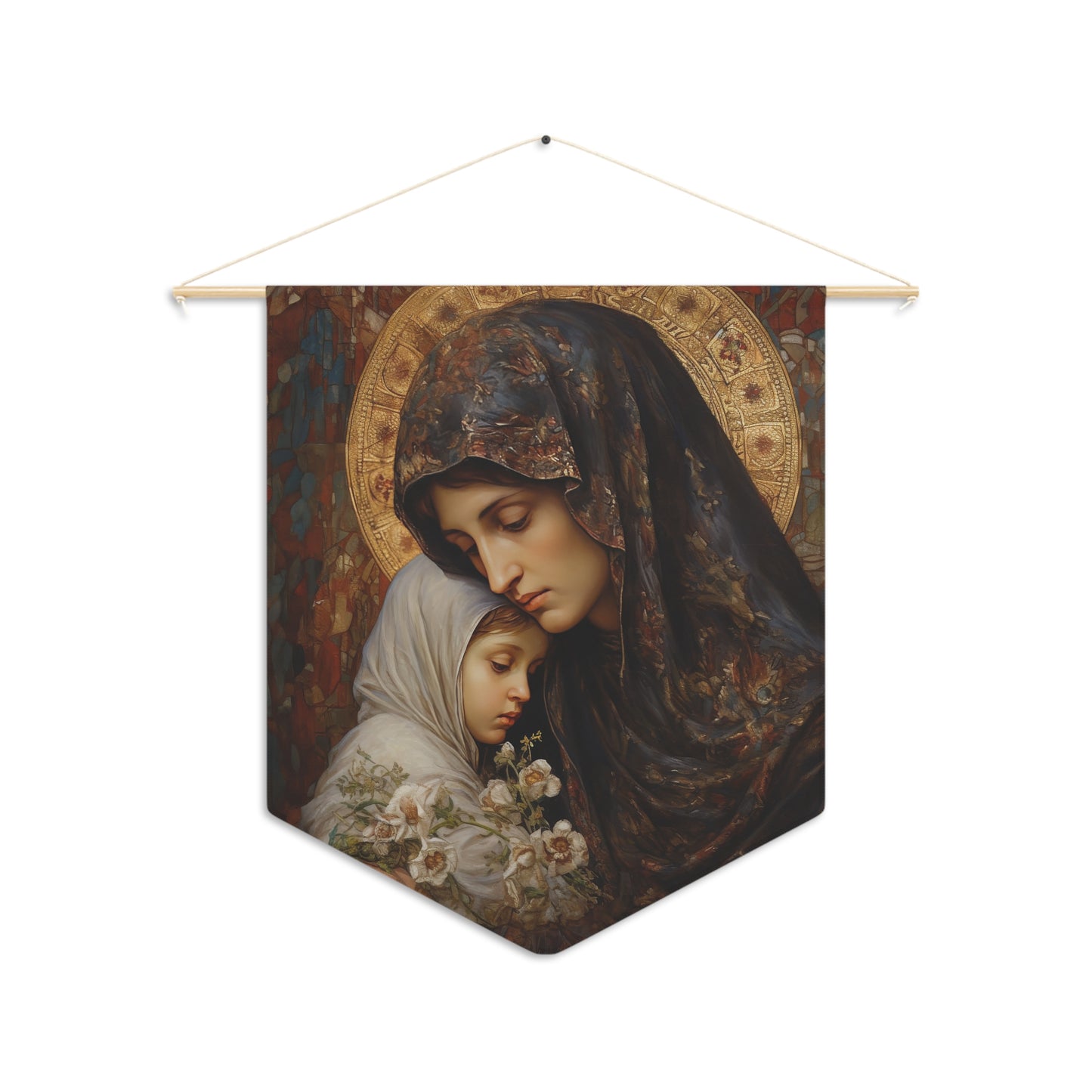 Mary, Mother of God - Protectress of Families Pennant / Banner / Wall Hanging - Prayer room art - 18" x 21" - Catholic Gift