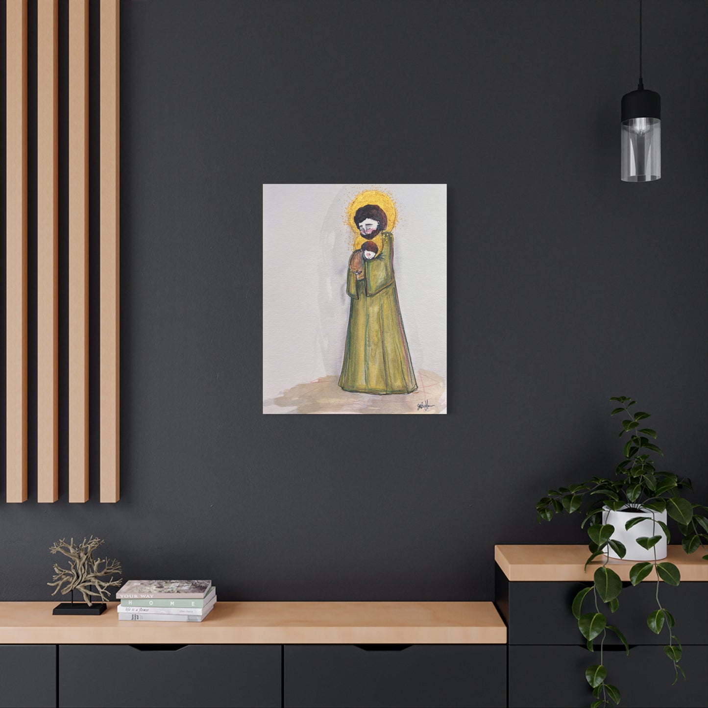 Saint Joseph and Child Jesus Catholic Canvas Print | Hand-Drawn Watercolor Sacred Art | Christian Devotional Wall Art