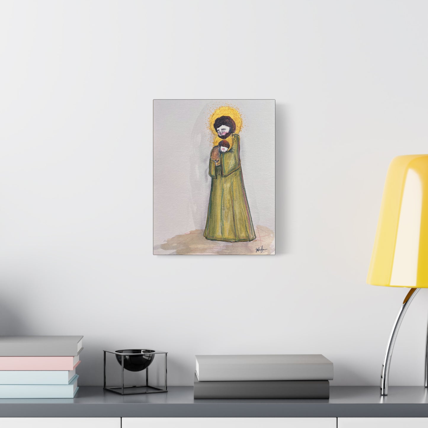 Saint Joseph and Child Jesus Catholic Canvas Print | Hand-Drawn Watercolor Sacred Art | Christian Devotional Wall Art