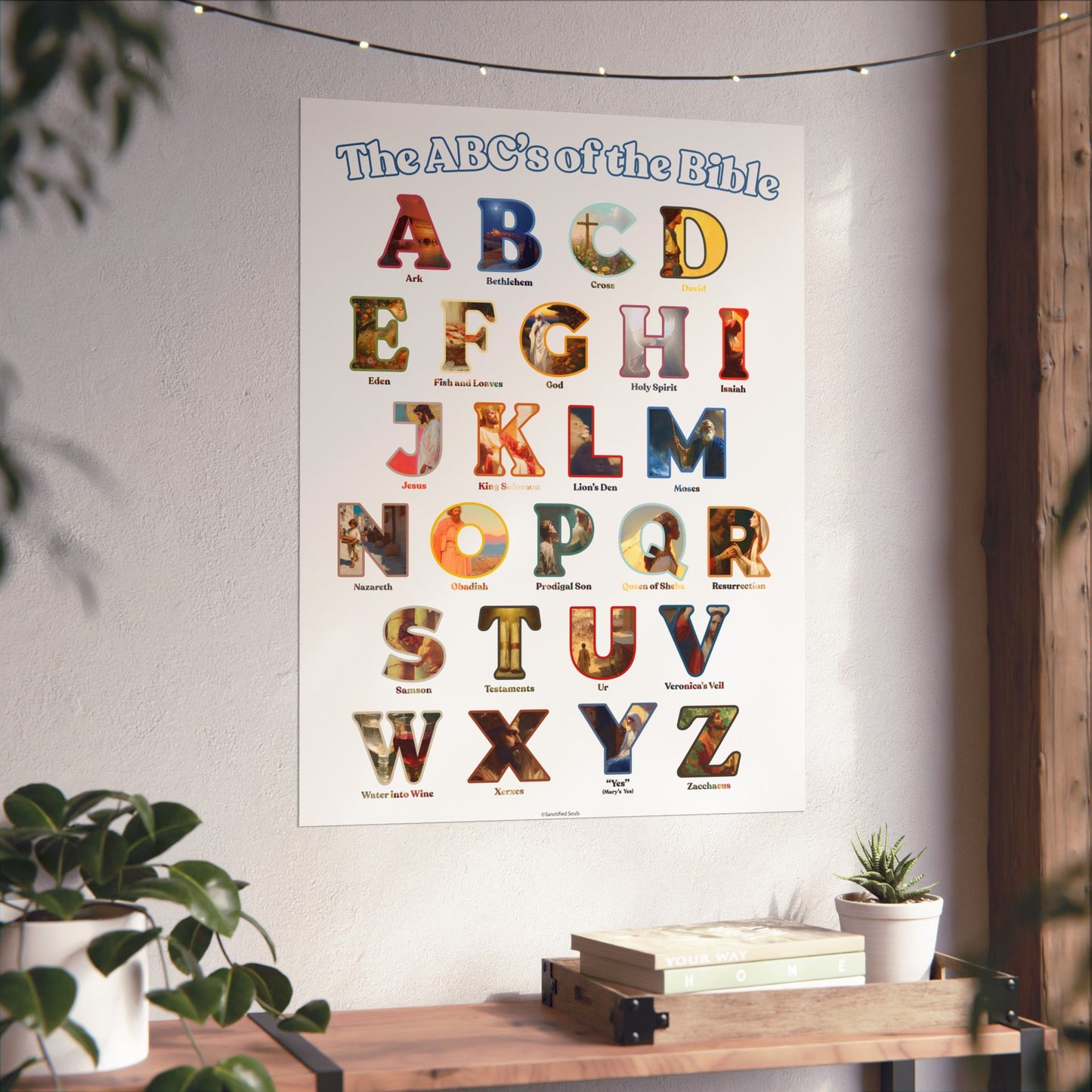 Bible ABC Poster - ABCs of the Bible Wall Art - Biblical People Places and Stories Chart - Christian Homeschool or Sunday School Decor