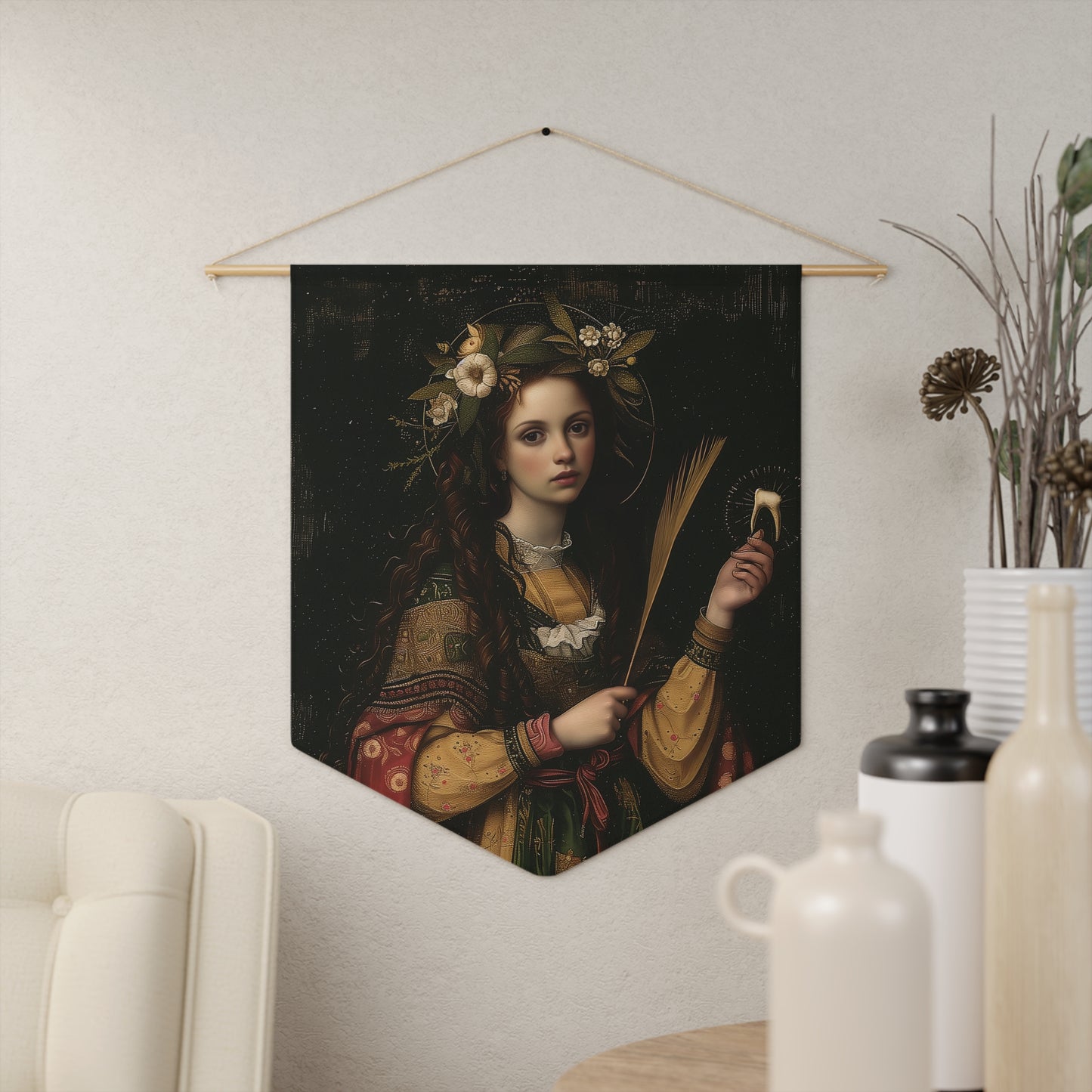 Saint Apollonia Pennant / Banner / Wall Hanging - Prayer room art - 18" x 21" - Catholic prayer Religious Christian Gift