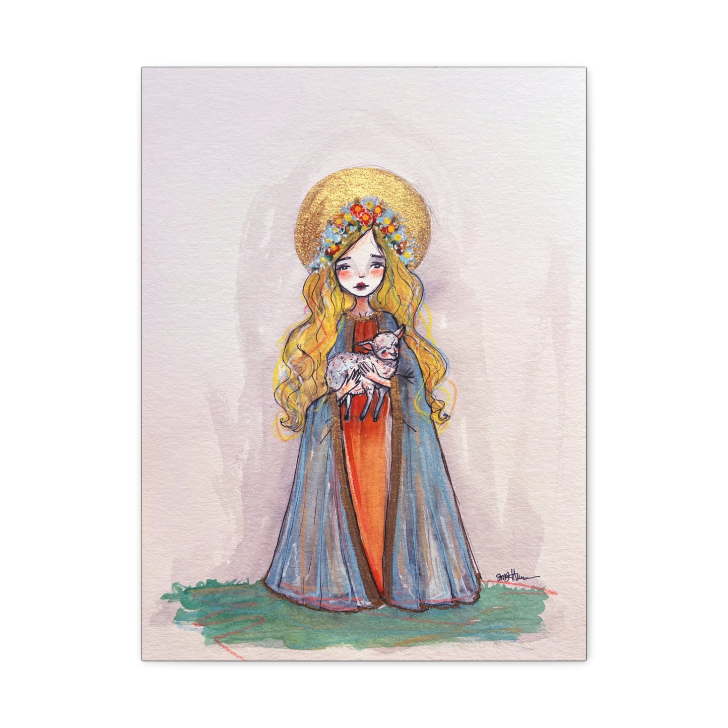 Saint Agnes of Rome Catholic Canvas Print | Christian Sacred Art | Hand-Drawn Watercolor Devotional Wall Art Religious Artwork