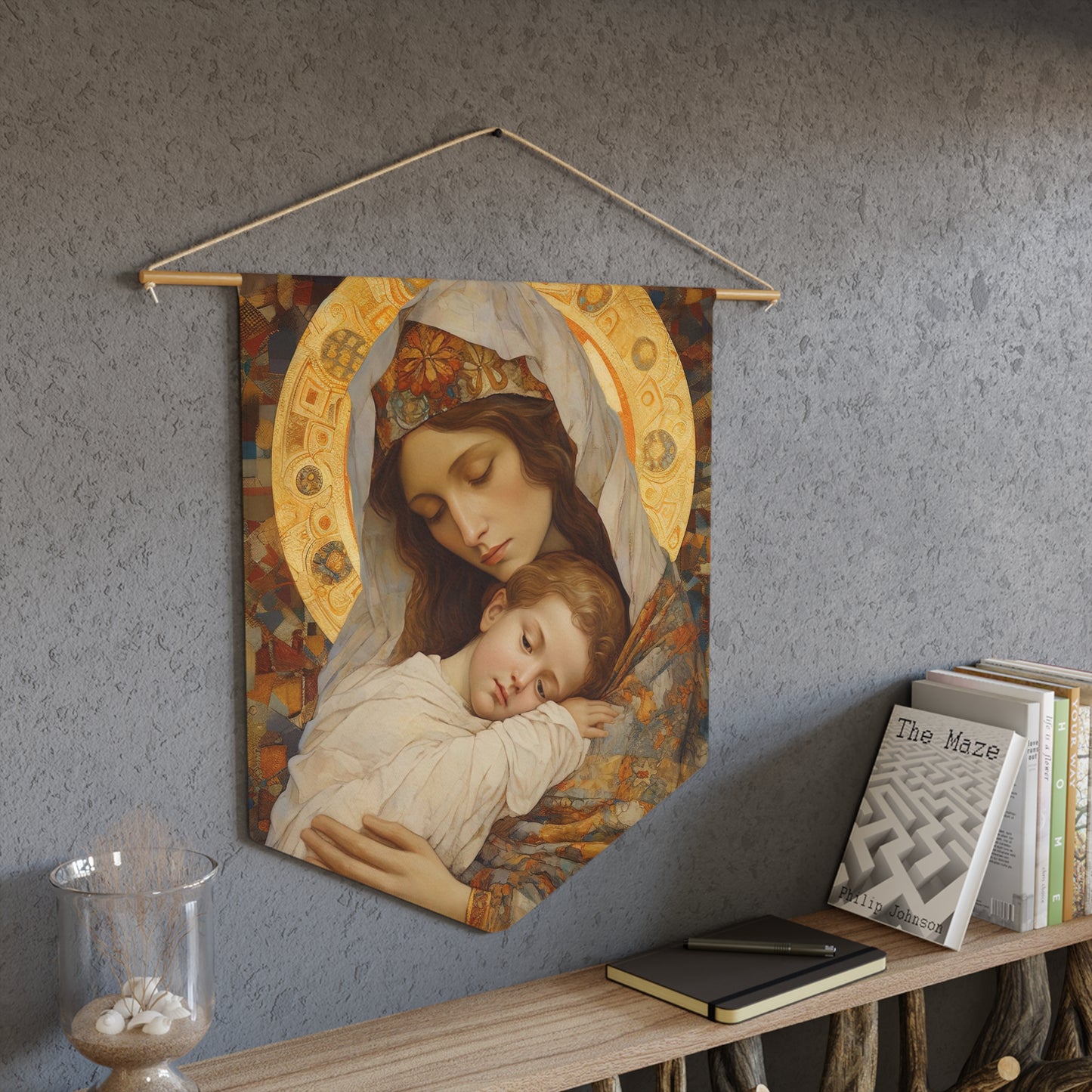 Cradle of Grace Wall Banner / Wall Hanging - Catholic Home Art - Virgin Mary / Madonna and Christ Child - 18" x 21" -