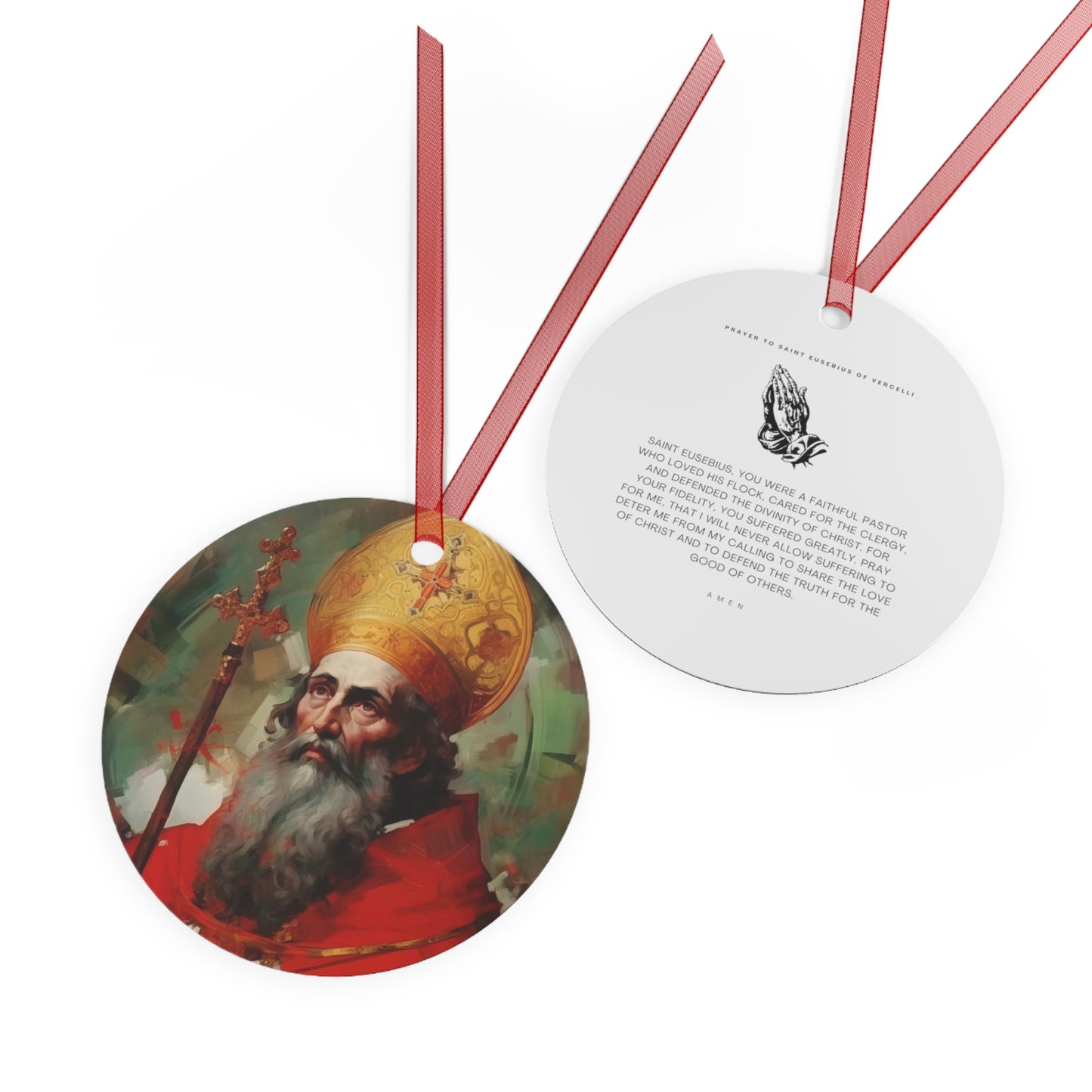 Saint Eusebius of Vercelli Metal Ornament - Religious Holiday Christmas Ornament and Keepsake - Double sided - Prayer Ornament