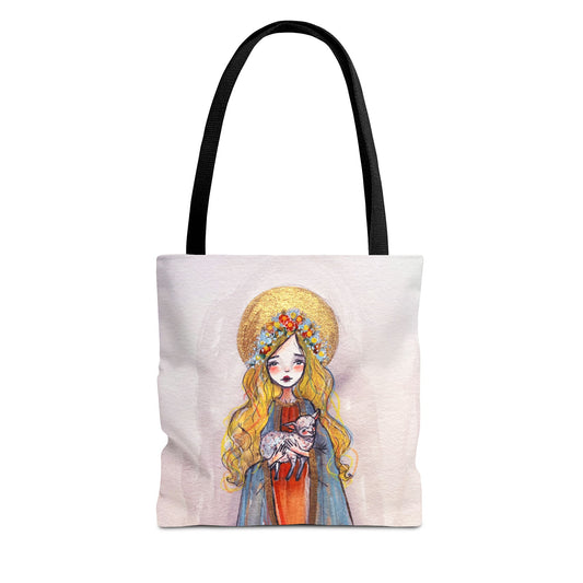 Saint Agnes of Rome Catholic Tote Bag | Christian Devotional Bag Hand-Drawn Sacred Art Tote | Sanctified Solocosmo Religious Tote