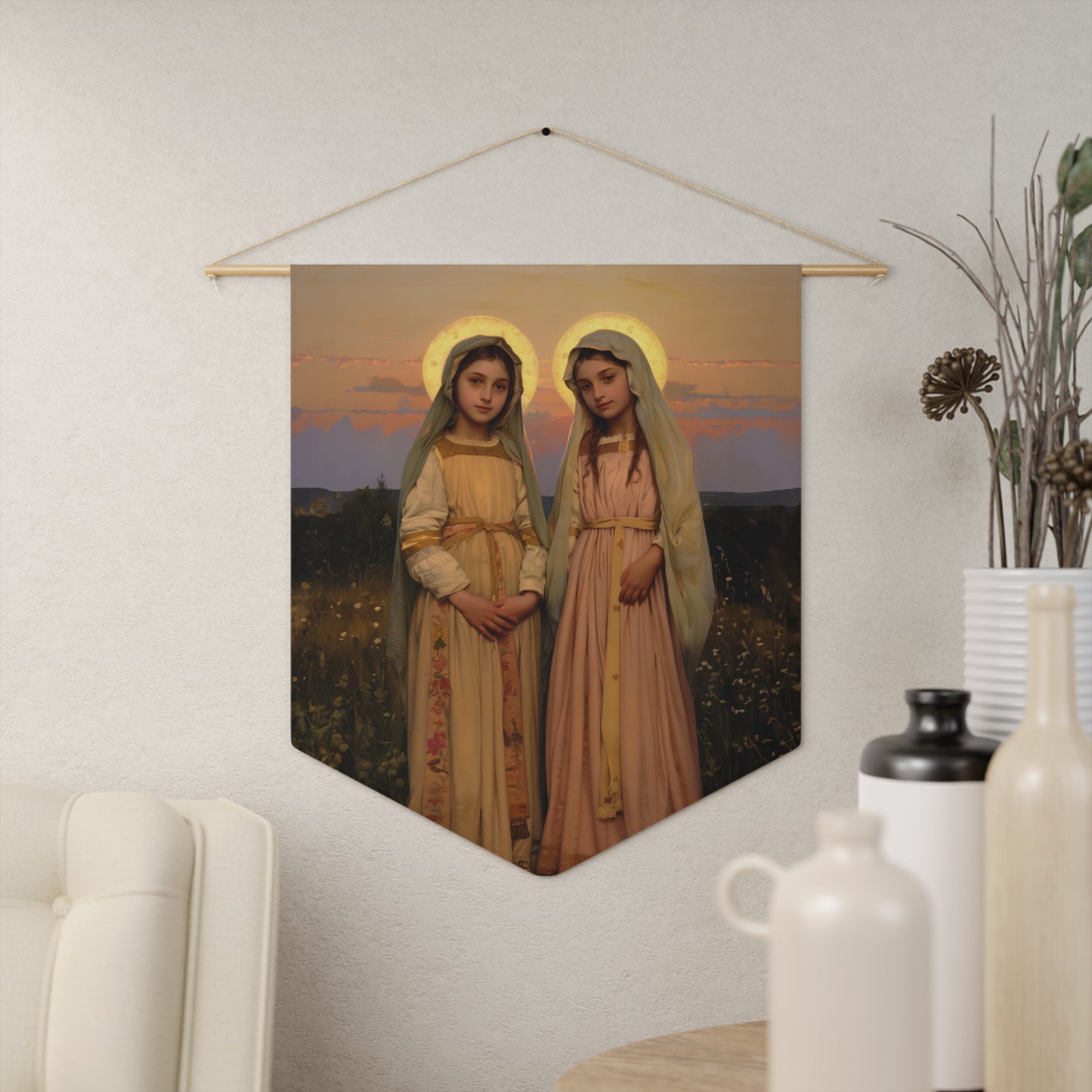 Saints Nunilo and Alodia Pennant / Banner / Wall Hanging - Prayer room art - 18" x 21" - Catholic prayer Religious - Large Banner
