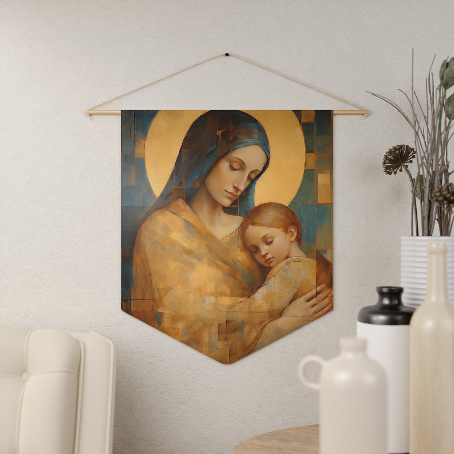 Heavenly Connection - Mary and the Divine Son Banner / Wall Hanging - Prayer room art - Catholic Home Art - Large Print - 18" x 21"
