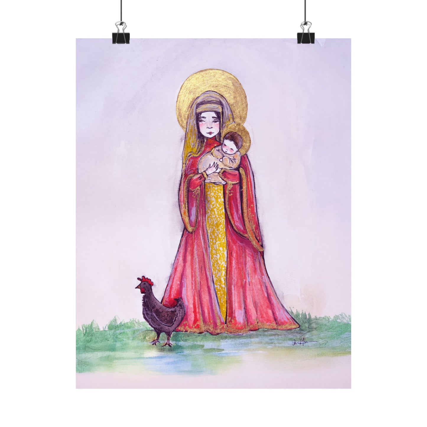 Our Lady of the Hens Catholic Art Print | Hand-Drawn Watercolor Virgin Mary Artwork | Christian Devotional Marian Wall Art