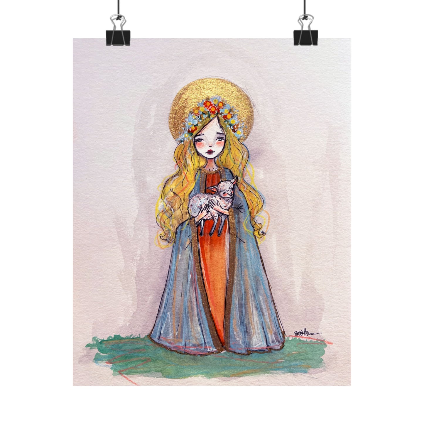 Saint Agnes of Rome Catholic Art Print | Hand-Drawn Watercolor Sacred Artwork | Christian Devotional Wall Art Religious Poster