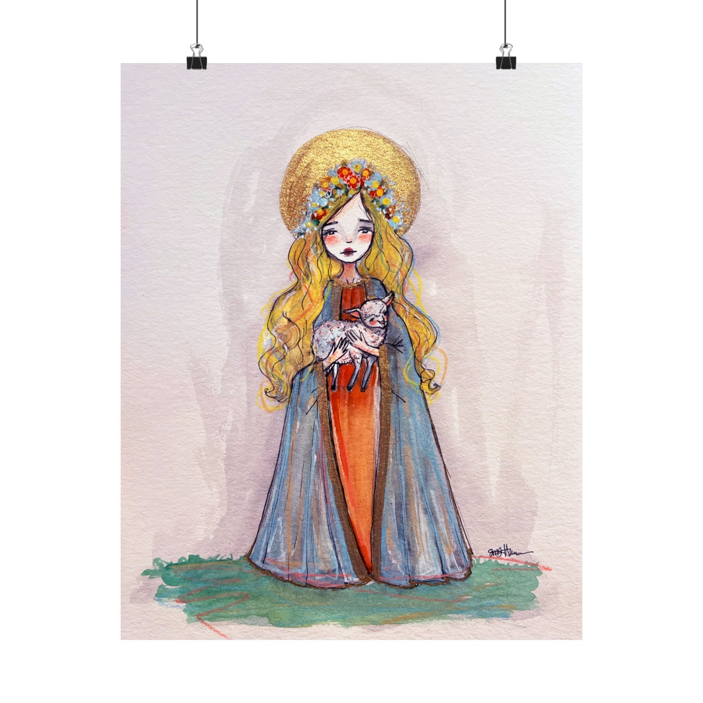 Saint Agnes of Rome Catholic Art Print | Hand-Drawn Watercolor Sacred Artwork | Christian Devotional Wall Art Religious Poster