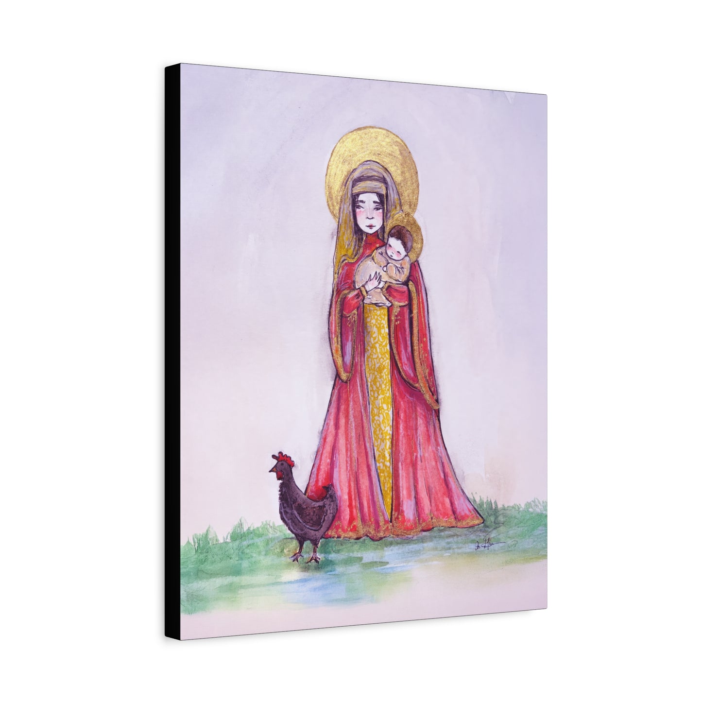 Our Lady of the Hens Catholic Canvas Print | Virgin Mary and Child Sacred Art | Hand-Drawn Watercolor Marian Wall Art
