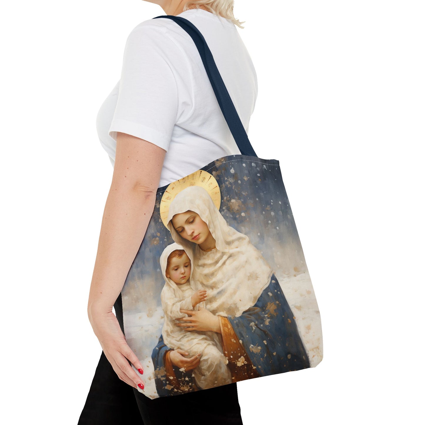 Winter's Grace : Our Lady of the Snows Tote Bag - Catholic faith inspired carry-all purse - day to day bag - Double Sided