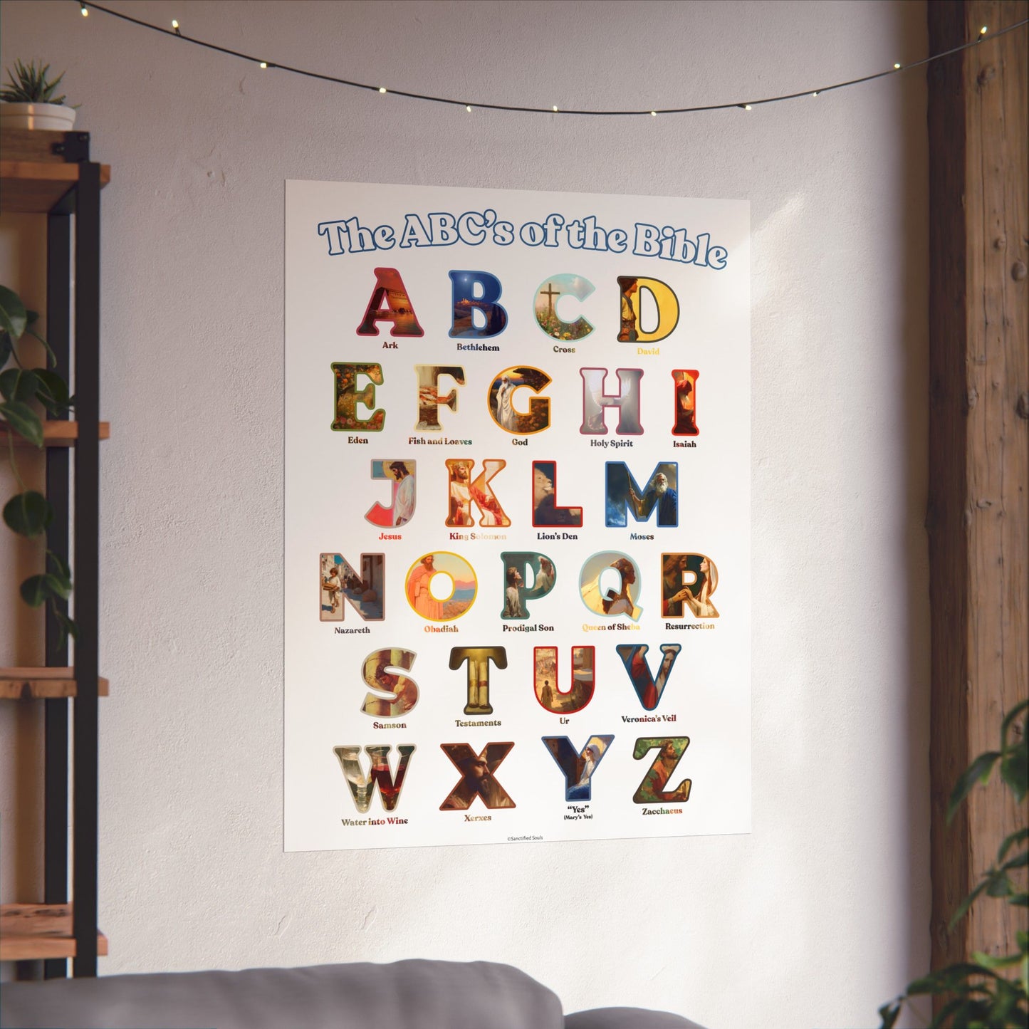 Bible ABC Poster - ABCs of the Bible Wall Art - Biblical People Places and Stories Chart - Christian Homeschool or Sunday School Decor