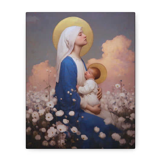 Mother Mary - Our Lady Among the Flowers -  Museum Wrapped Canvas - Sanctified Souls Print - Religious Art for your Home - Catholic Mother Mary Art